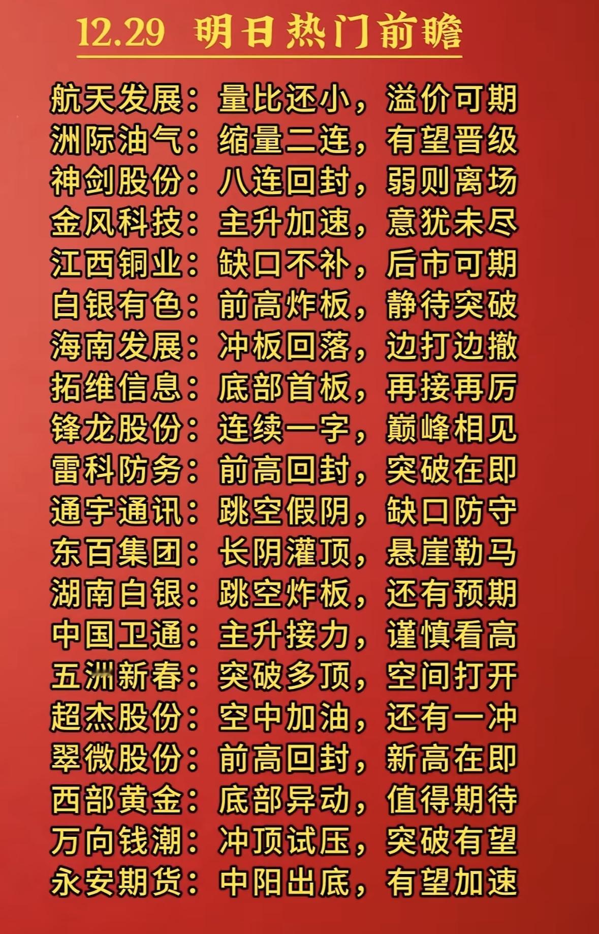 12.29明日热门前瞻：股票投资指南，把握机会！明日热门前瞻：航天溢价，洲