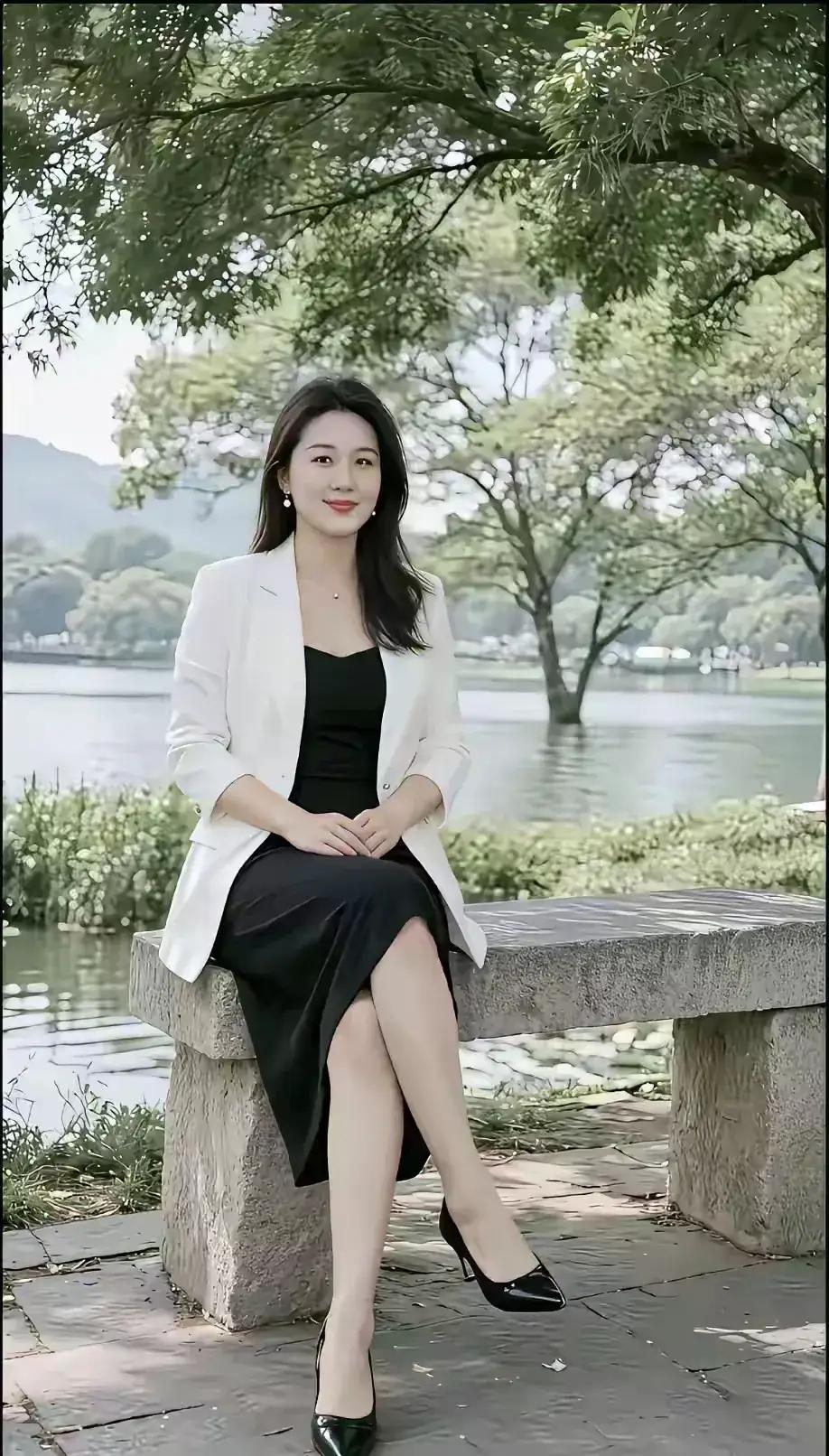 美女沉浸在这碧水荡漾，绿树成荫优美的环境中，优雅的坐在石凳上，独自一人享受着惬意
