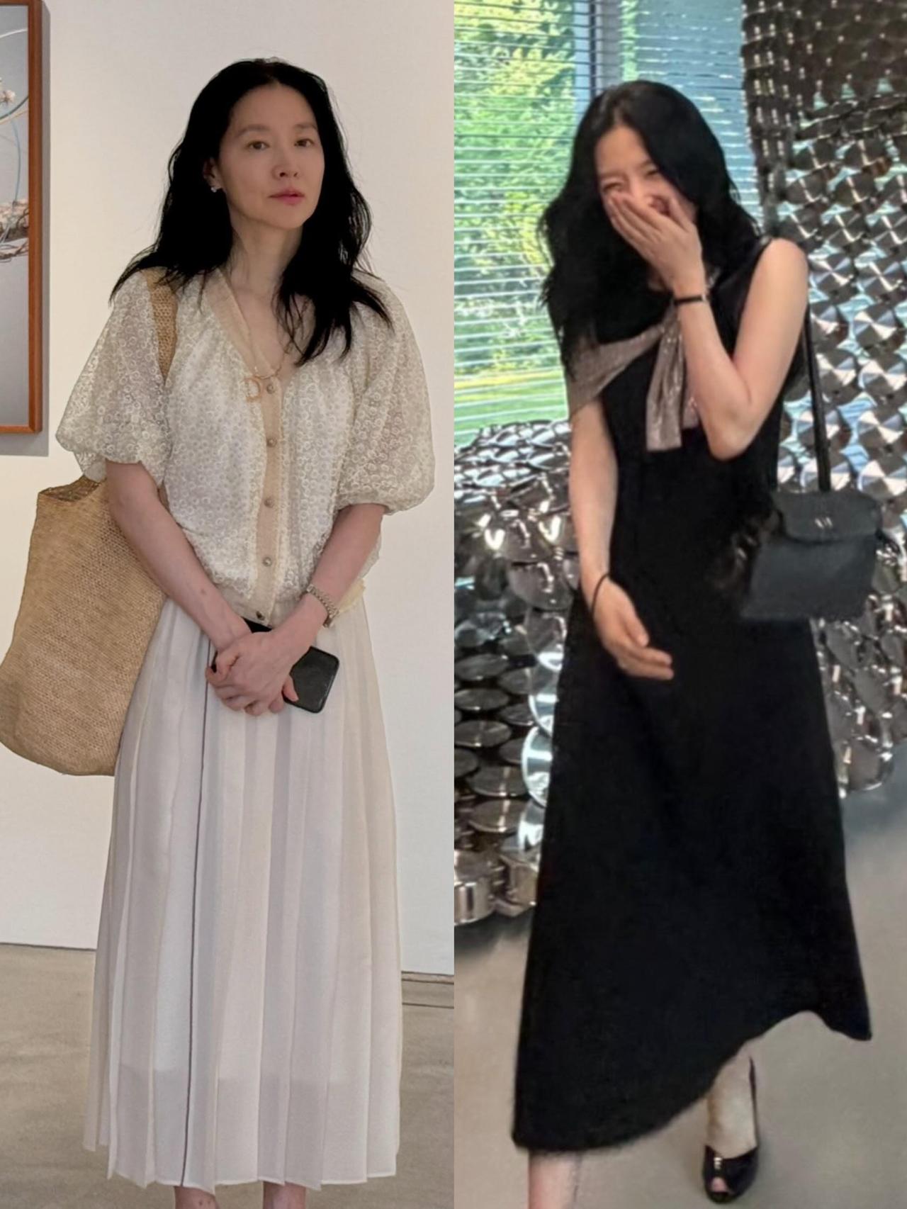 55岁的李英爱气质太好了！这两套穿搭把温婉高级感拉满。一身米白蕾丝泡泡袖上衣