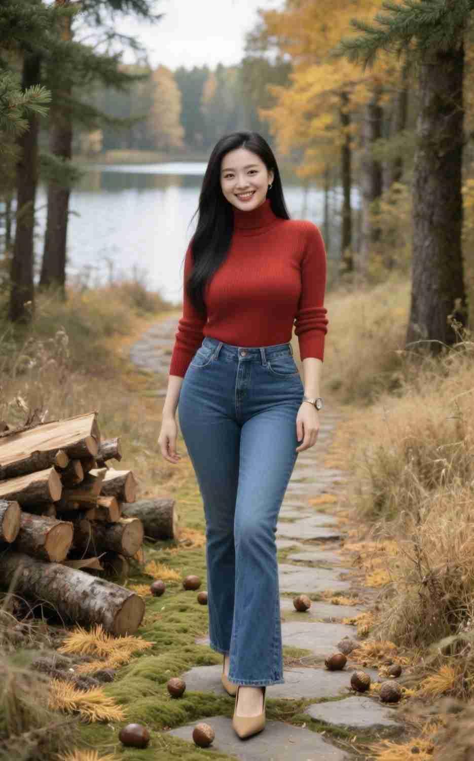 我的今日状态：😁轻松愉快我这里的天气：☀️晴天《湖畔秋径》红衫熨帖着