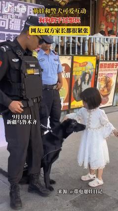 “差点解释不清了！”15日报道，新疆街头警察带着警犬在执勤，路过的小女孩想摸狗狗