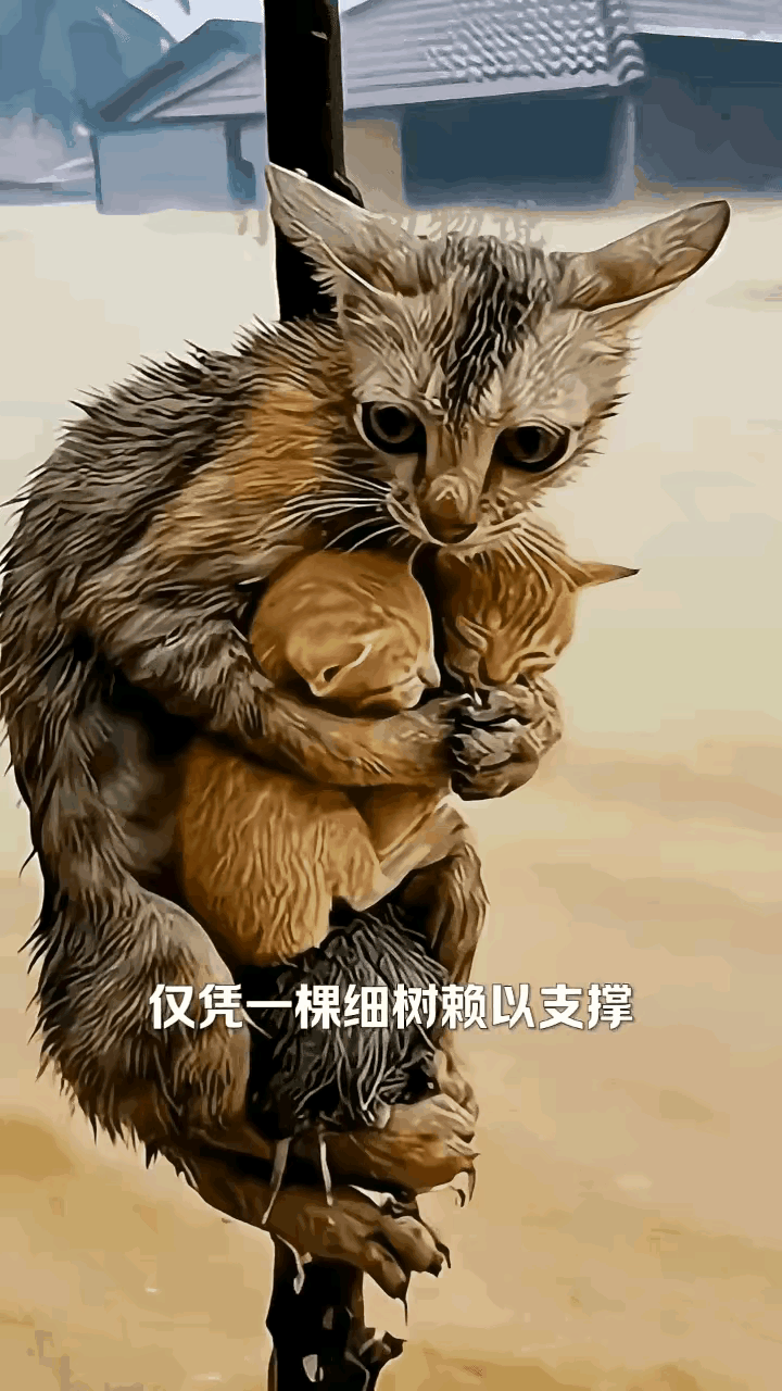 看到这张图片，有没有和我一样感慨万千的？图片里的这只猫妈妈，浑身被雨水打湿，瘦