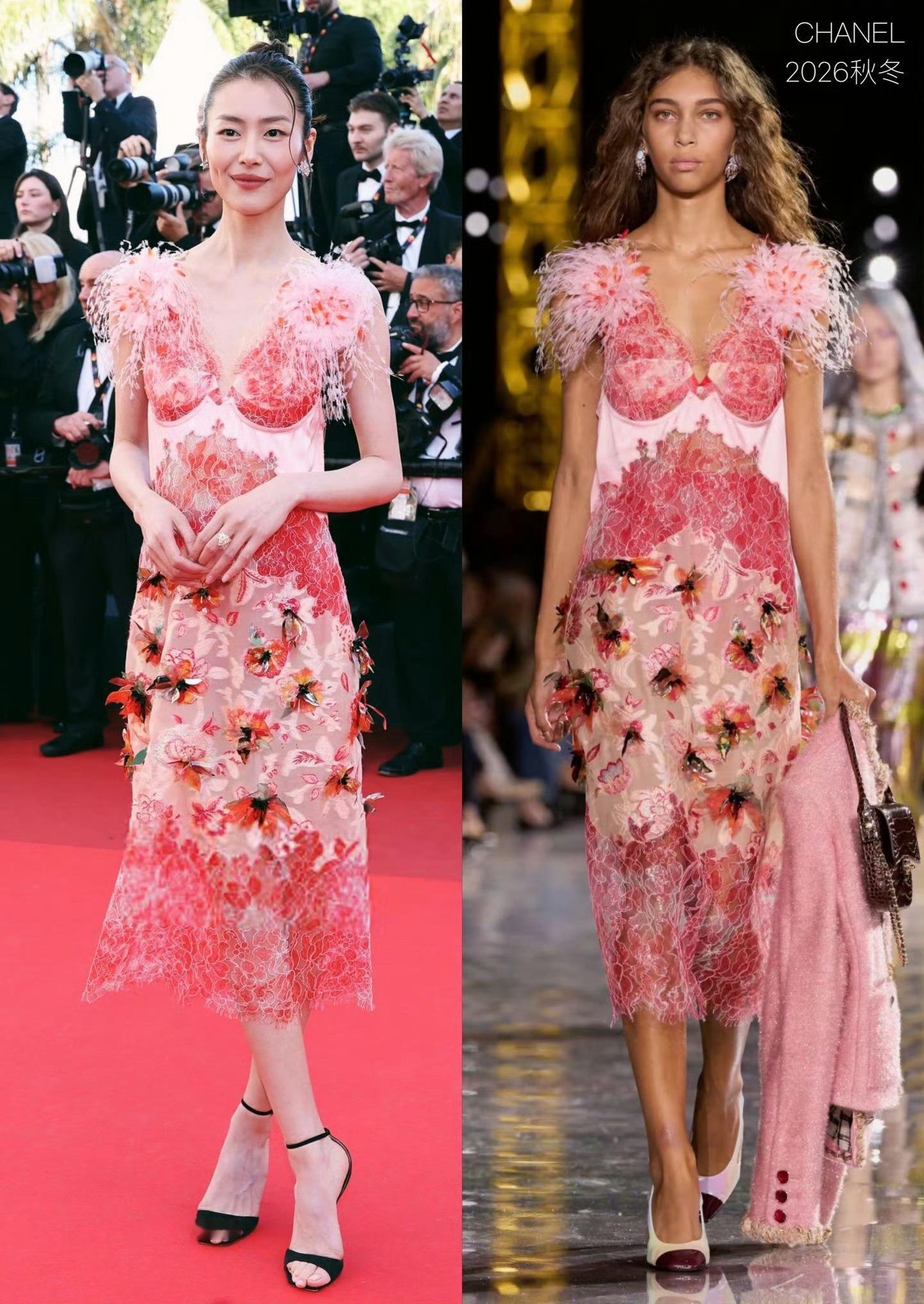 刘雯戛纳红毯状态这件CHANEL2026秋冬系列礼服，完美呼应了本季“毛虫化蝶