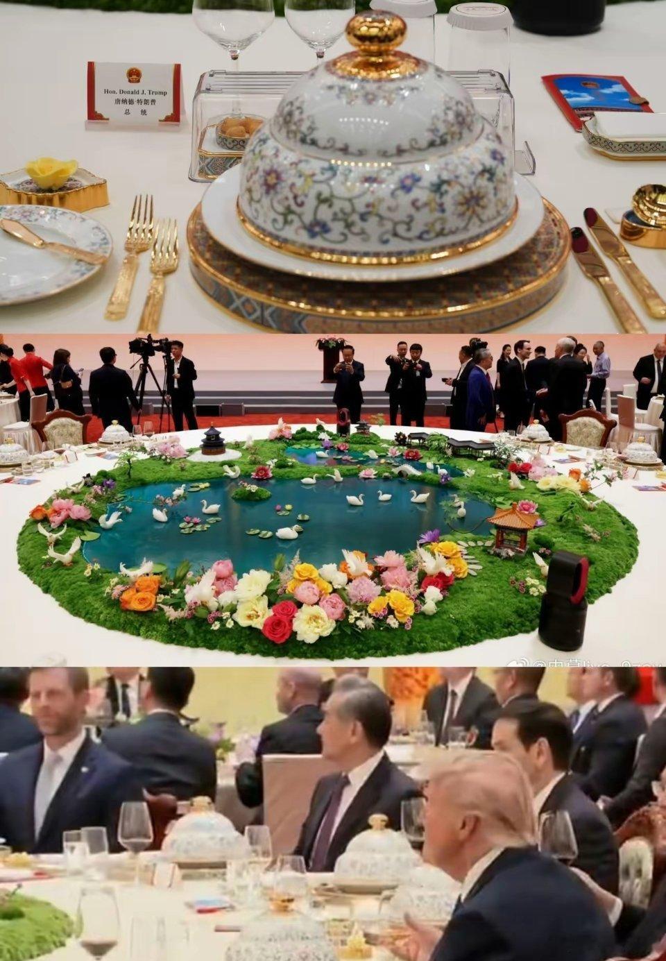 春意盎然的国宴造型，令特朗普等赏心悦目！四冷七热菜品，一份主食、两份甜点、