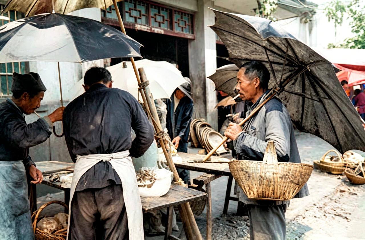 这位1985年安徽滁县一名老人手提篮子，打着一把超大的伞走到集市上的猪肉摊子当时