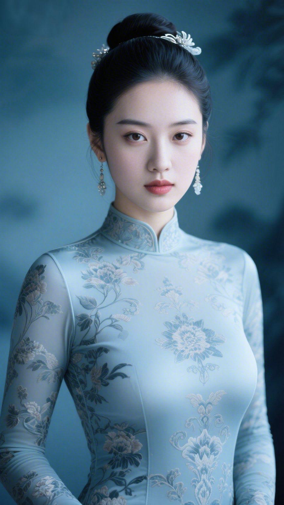 青蓝旗袍藏雅韵浅蓝旗袍似揉碎了江南的晨雾，淡雅的花卉纹样在衣料上婉转舒展，