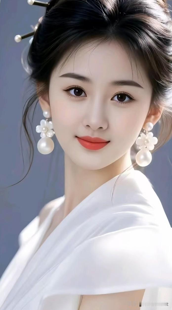 七律·素衣风姿云鬓高梳绾玉簪，珠花垂耳映清襟。眉如远黛含烟软，目似澄潭蕴