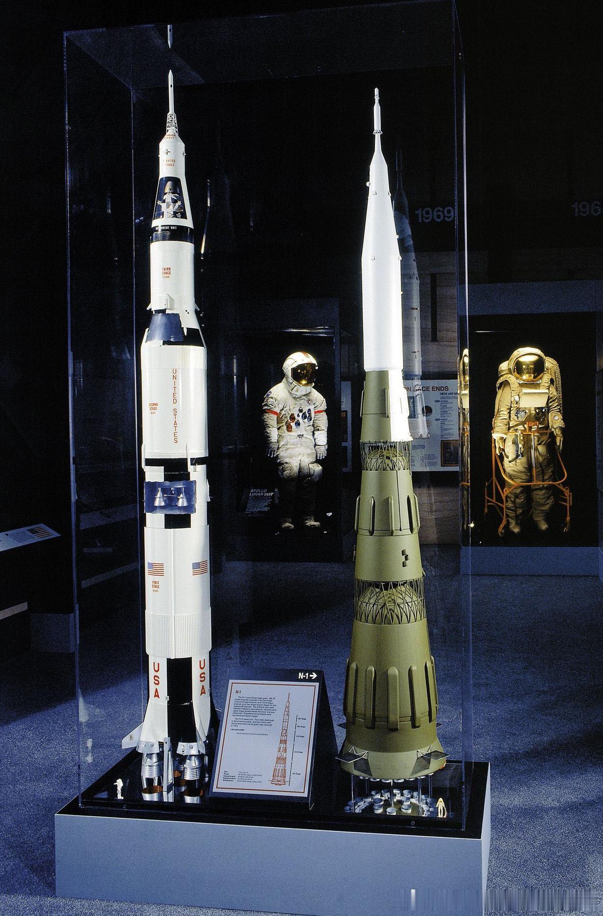 1:48比例登月火箭模型尺寸对比，土星五号和苏联N-1。由于苏联当时无法制造出