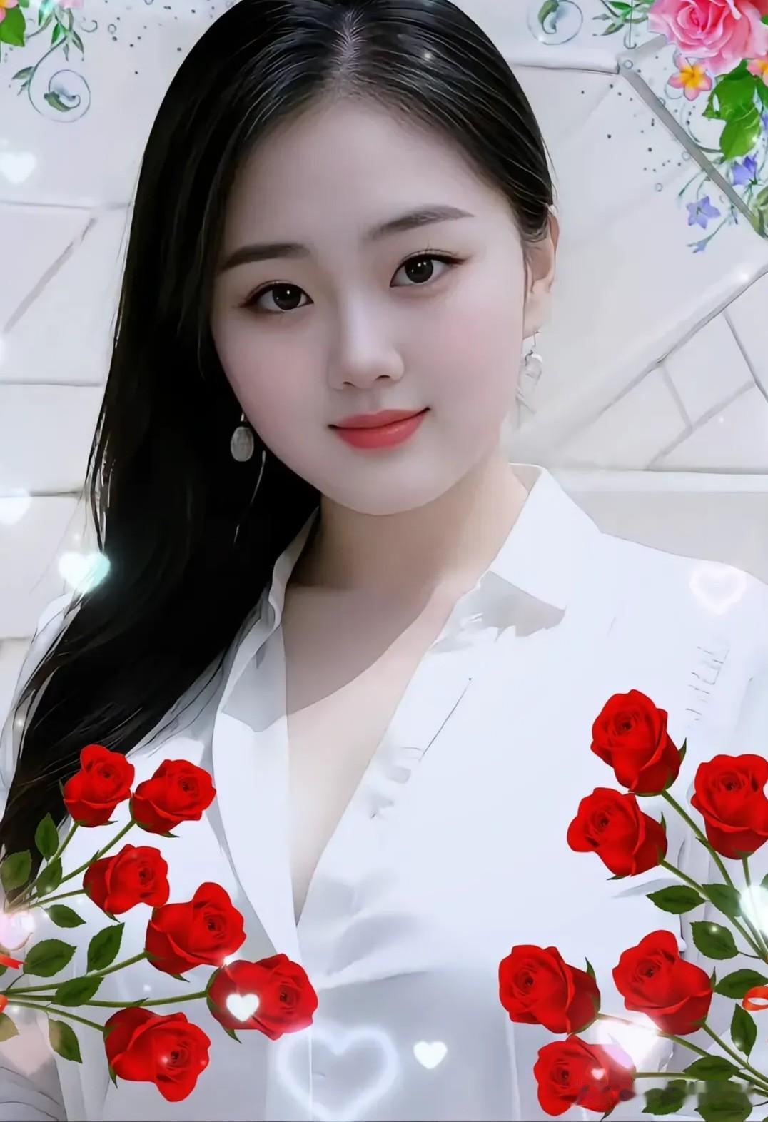 如梦令·玫瑰佳人一袭白衣清雅，眉眼温柔如画。红蕊绕身旁，暗把芳华轻嫁