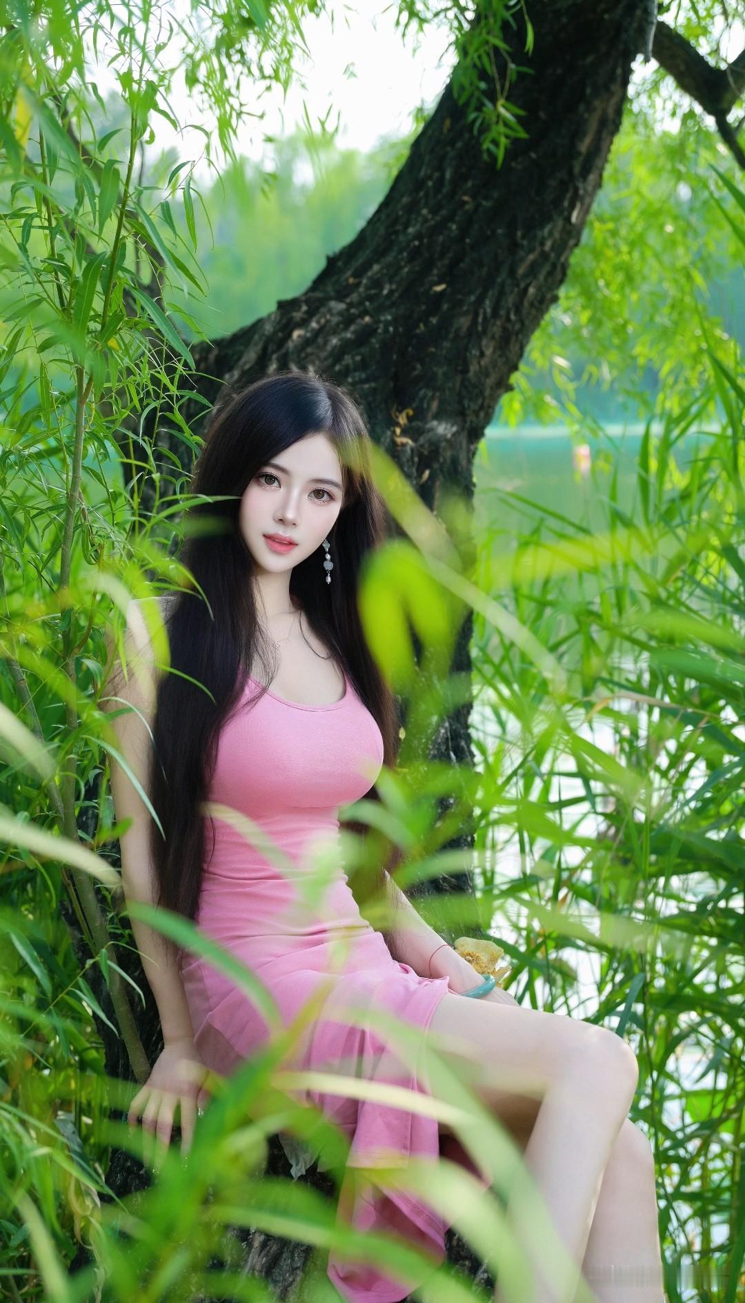 在绿意盎然的公园里，粉裙少女湖边漫步，静享自然之美。🌿💗
