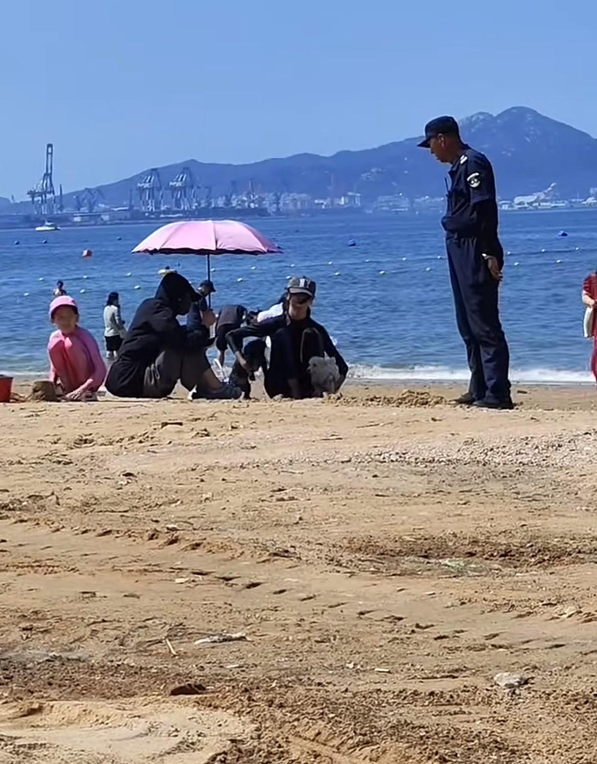 烟台海边保安大叔让带狗的游客离开，他们就是赖着不走，很多人觉得不应带狗的原因主要