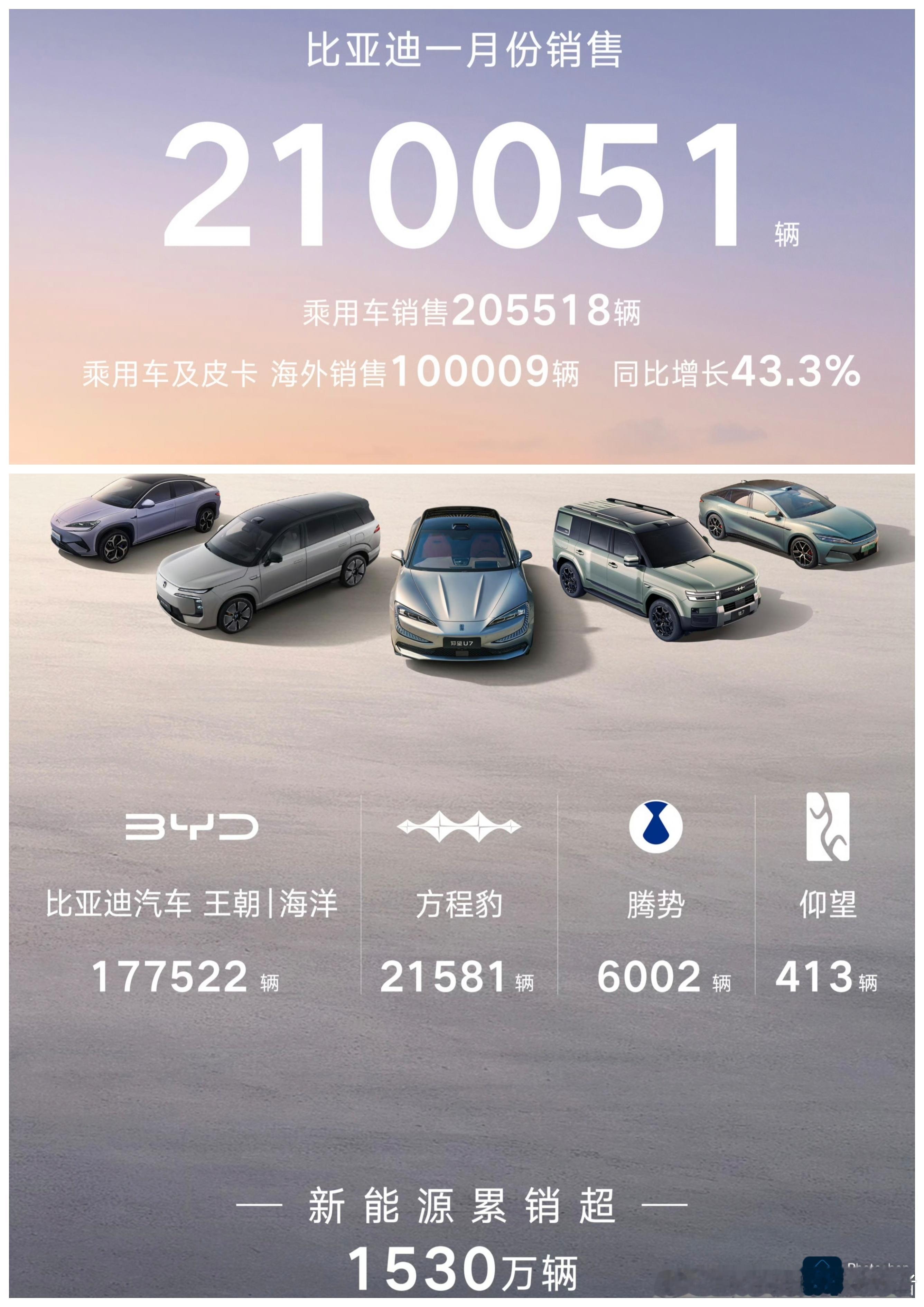 来看一眼比亚迪2026年1月的销量，210051辆，无论是同比还是环比，都下滑挺