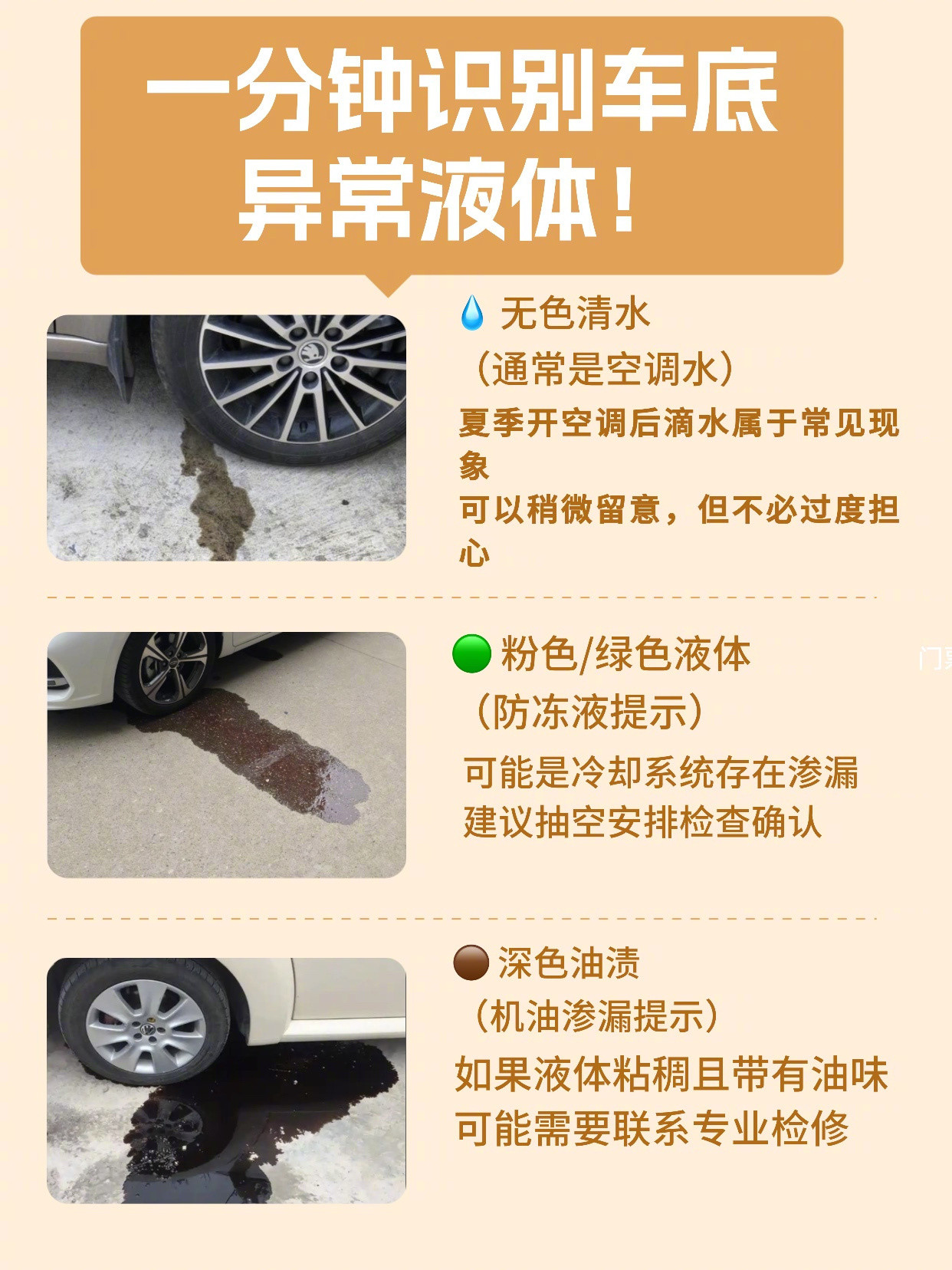 一分钟学会识别车底异常液体