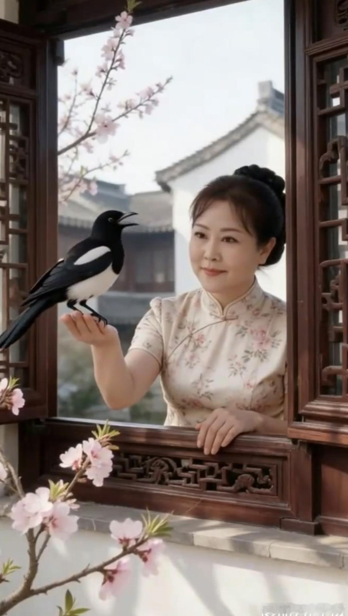 这只喜鹊通人性，每天飞来叫几声。落在主妇手心上，…………………………请你