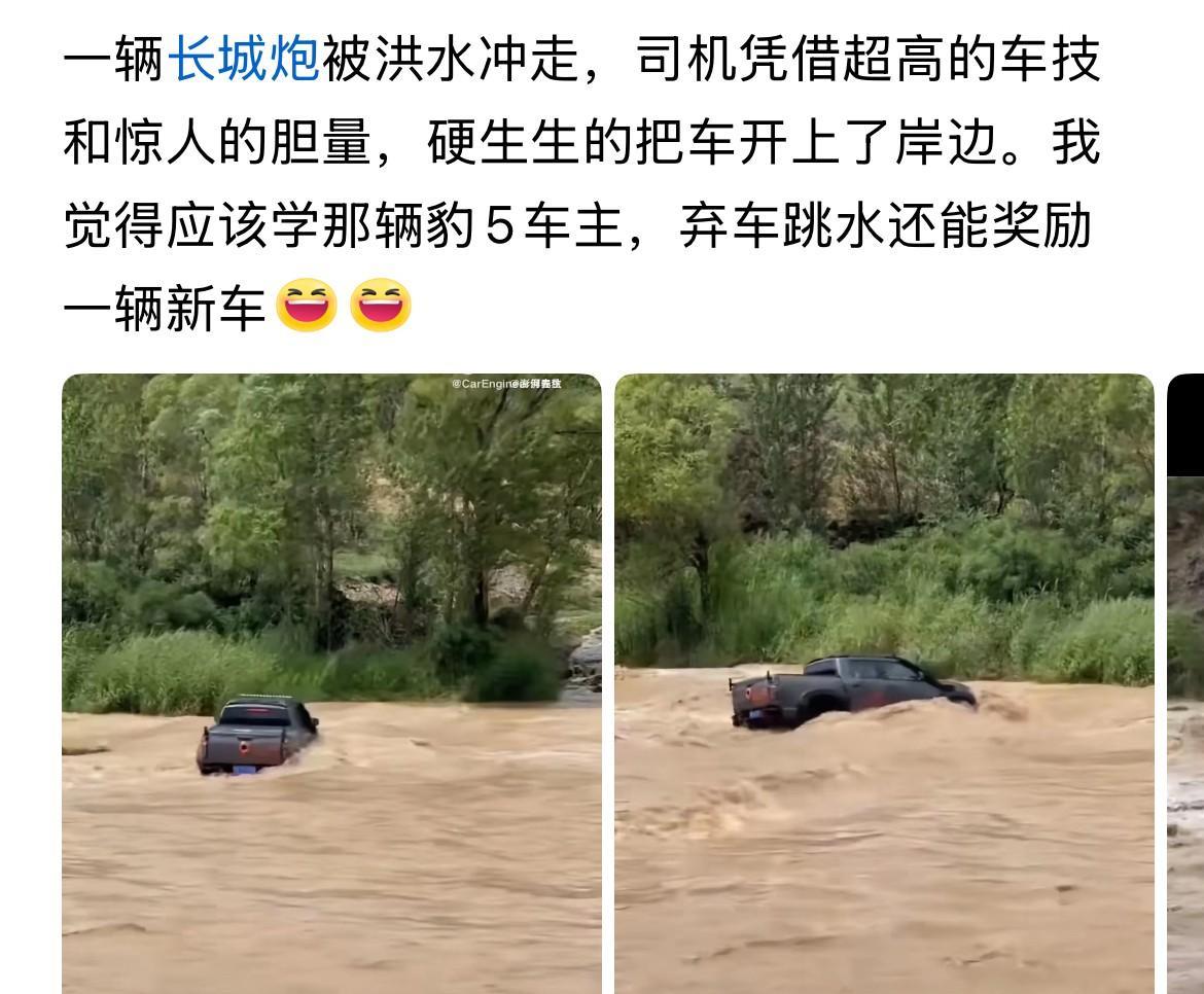 网友：“一辆炮被洪水冲了，但车主凭借超高的车技，把车开上岸了，他应该学豹5车主弃