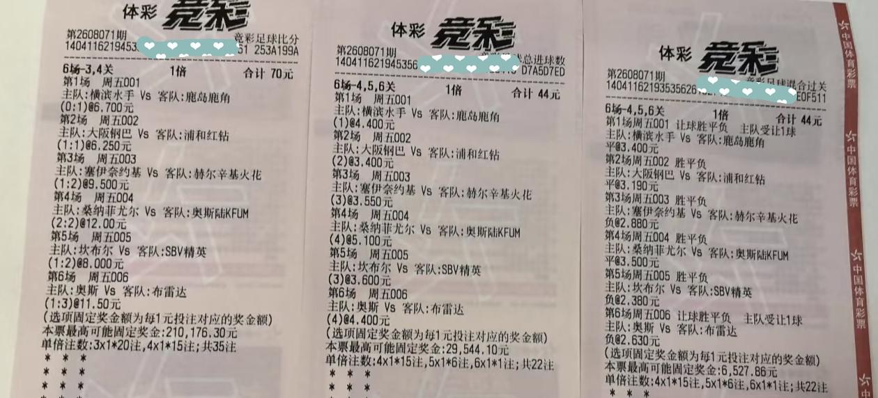 今天足彩001－006这6场比赛，猜比分、猜总进球数、猜全场胜平负，一个玩法一张