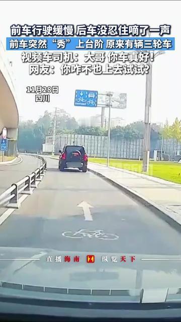 谁能想到嘀一声喇叭，能把前车“逼”上台阶？刚才刷到个视频，后车嫌前车慢没