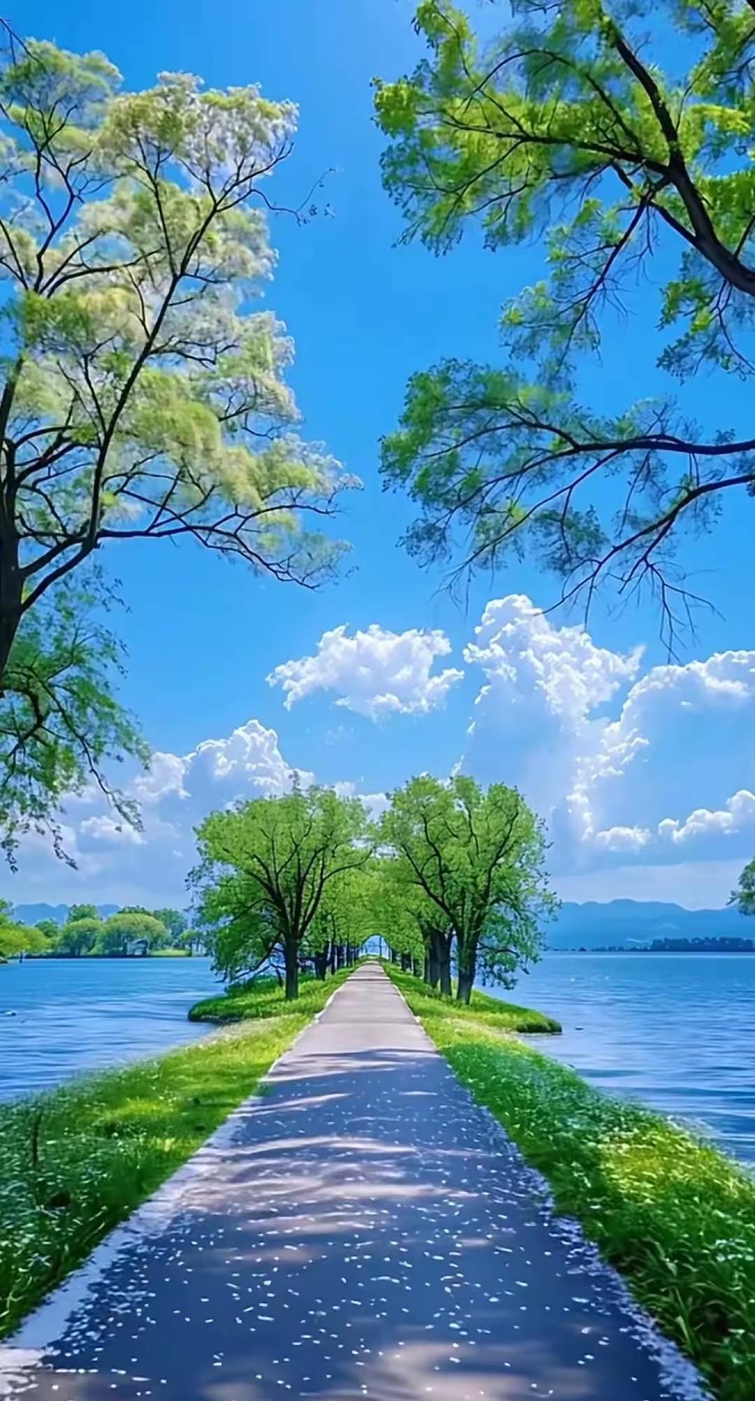 绿树阴中见，清波影里行。