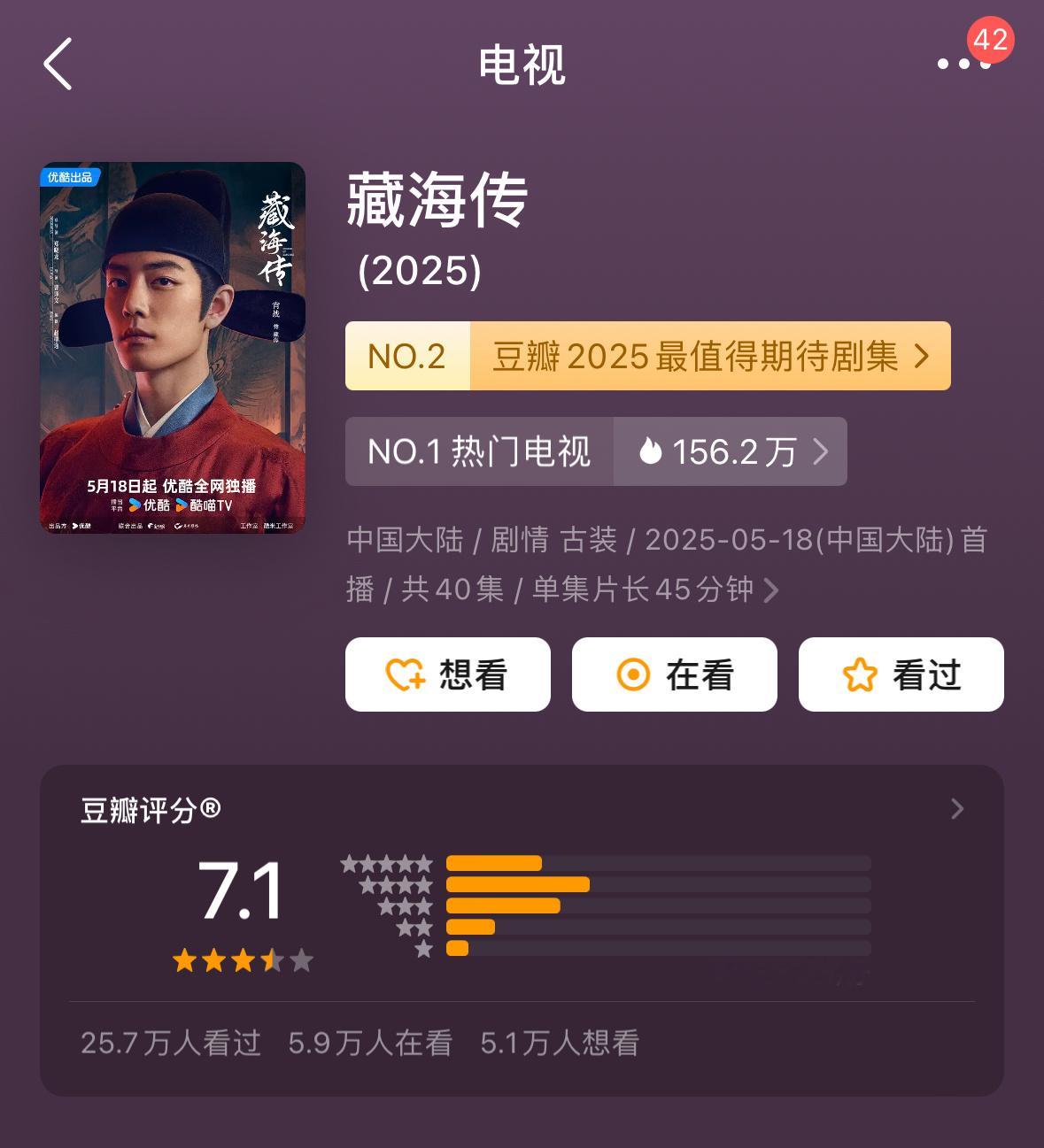 肖战主演藏海传开分了31w人打分开分7.1​​​
