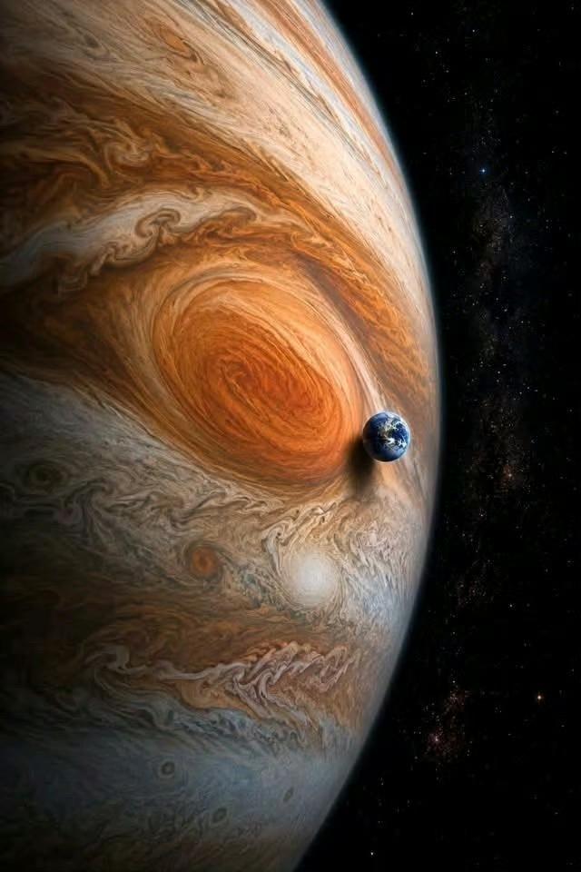 看到地球和木星的对比，你是什么感受？木星大红斑，太阳系最恐怖的风暴。把地