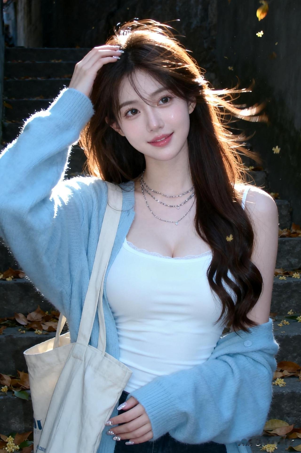 秋日暖阳下，甜美少女轻抚发丝，笑靥如花