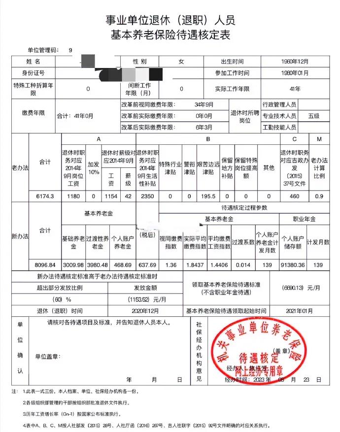 分享一份事业单位退休人员基本养老待遇核定表。这是一位获得高级职称5档、工龄长