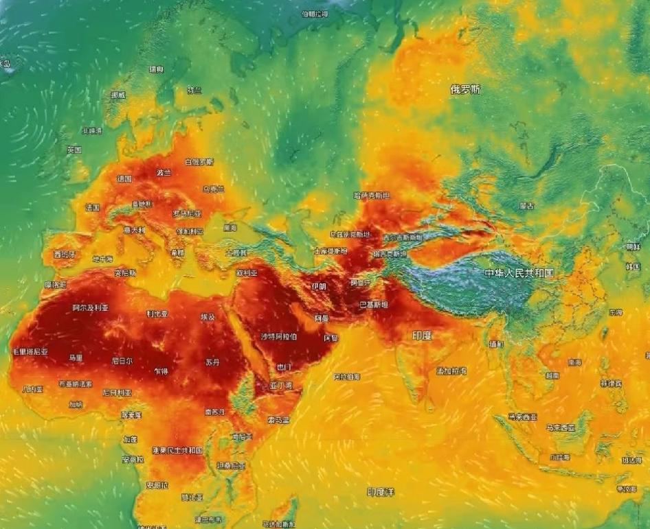 中国真是天选之地欧亚非三大洲高温分布图，其他地区快要烤焦了，唯独中国这块儿，