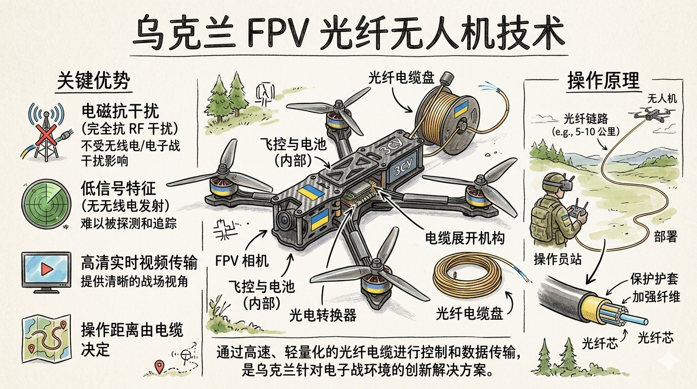 乌克兰的光纤FPV自杀式无人机，是俄乌战场上针对电子战干扰的重大创新武器。它通过