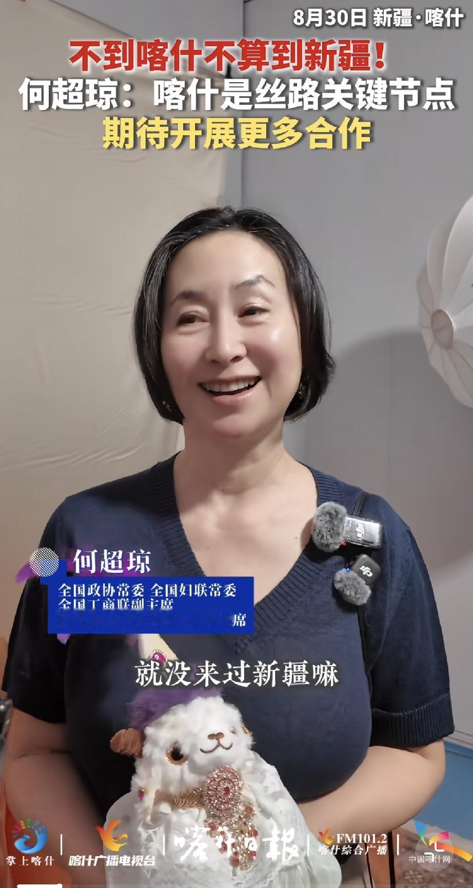 近日，何超琼素颜出镜宣传新疆喀什，她一下子给人感觉老了不少，有白头发了，头发也脱