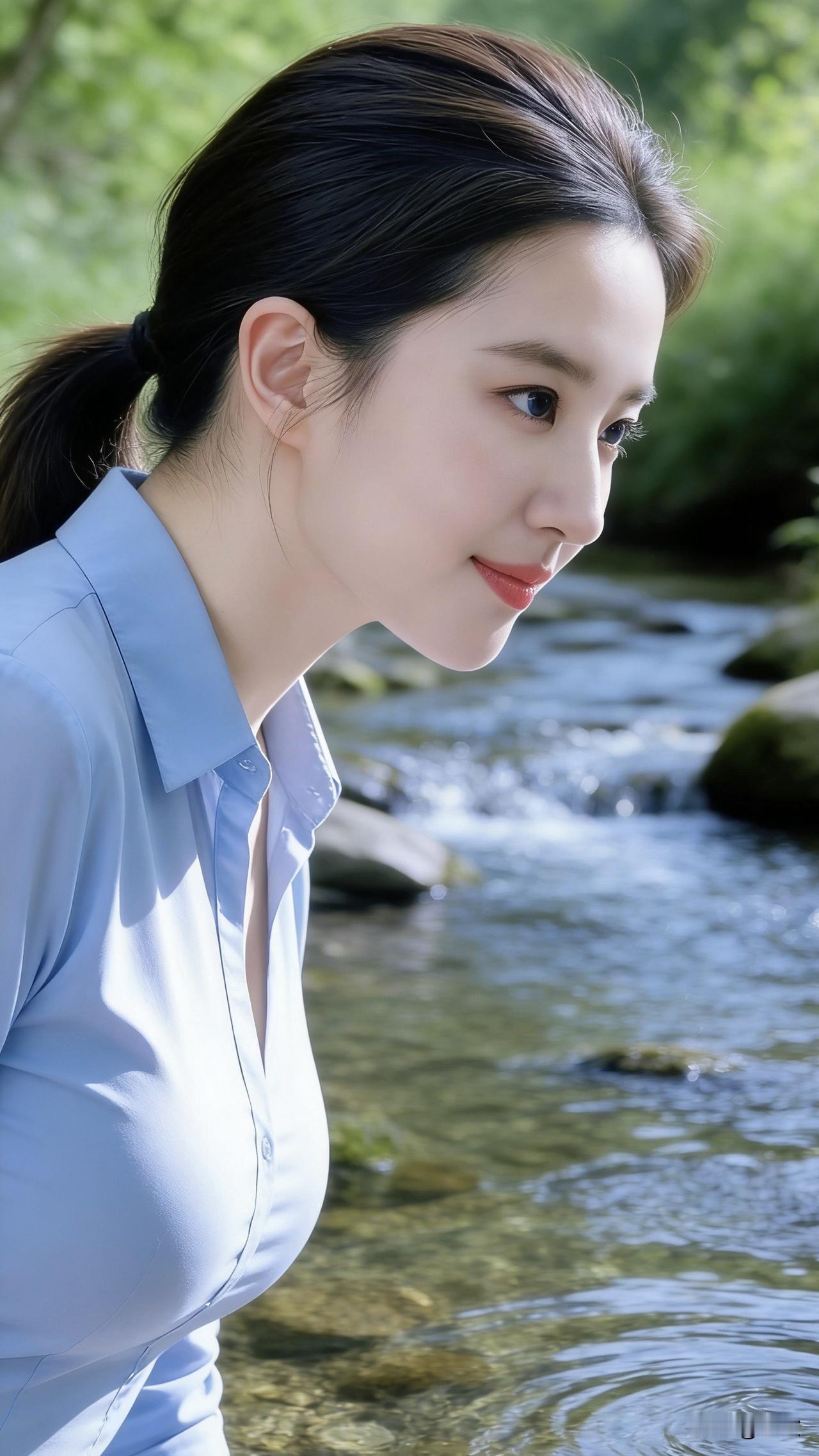 浅蓝衬衫的衣角垂在溪水上，她微微俯身，目光追着水流里的光斑晃动。清透的溪水漫过青