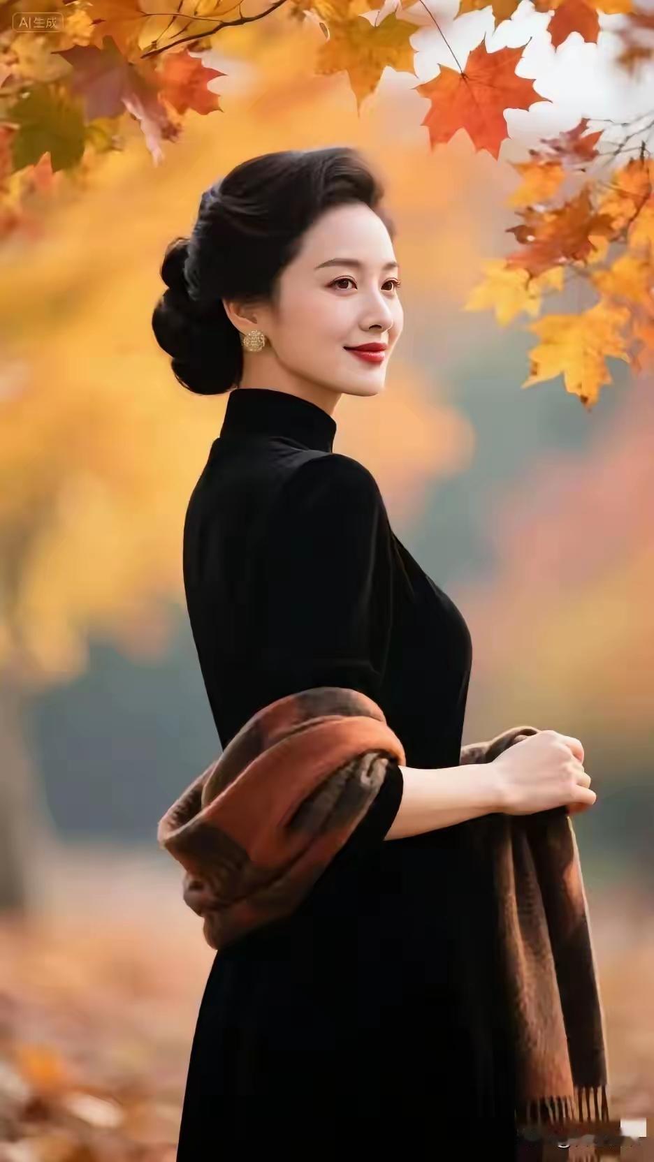 秋日暖阳下的优雅女子，黑裙与落叶相映成趣。