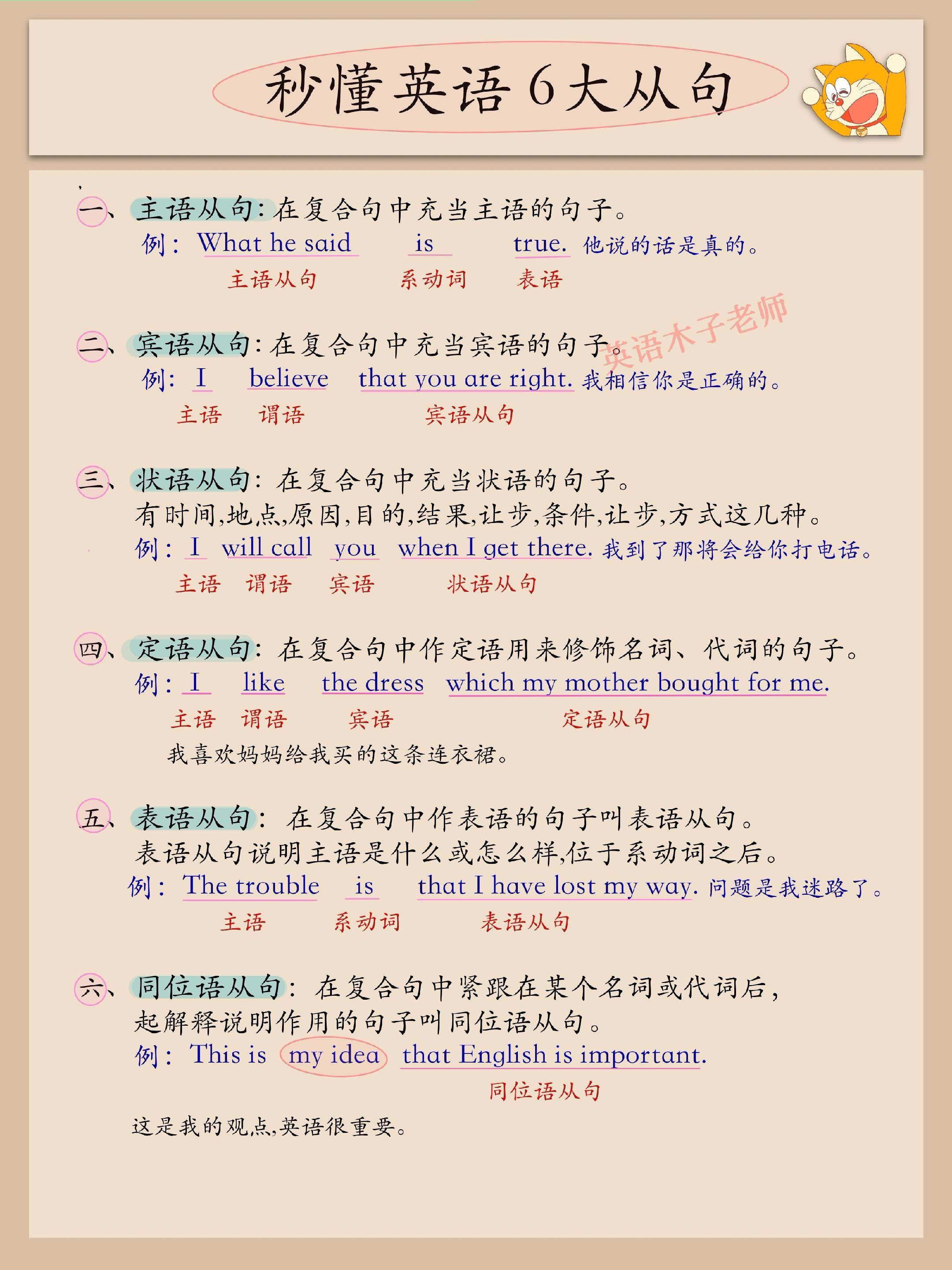 秒懂英语6大从句！定语从句；宾语从句；状语从句；主语从句；表语从句；同位语从句