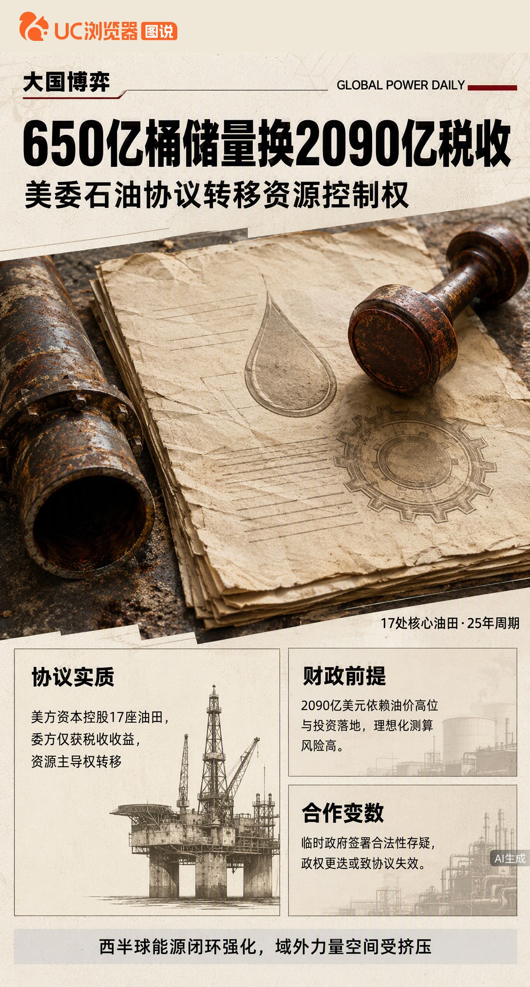 美委签下25年石油协议，美方拿下650亿桶储量多数控制权。代总统算出2090亿税收，但关键条款未公开