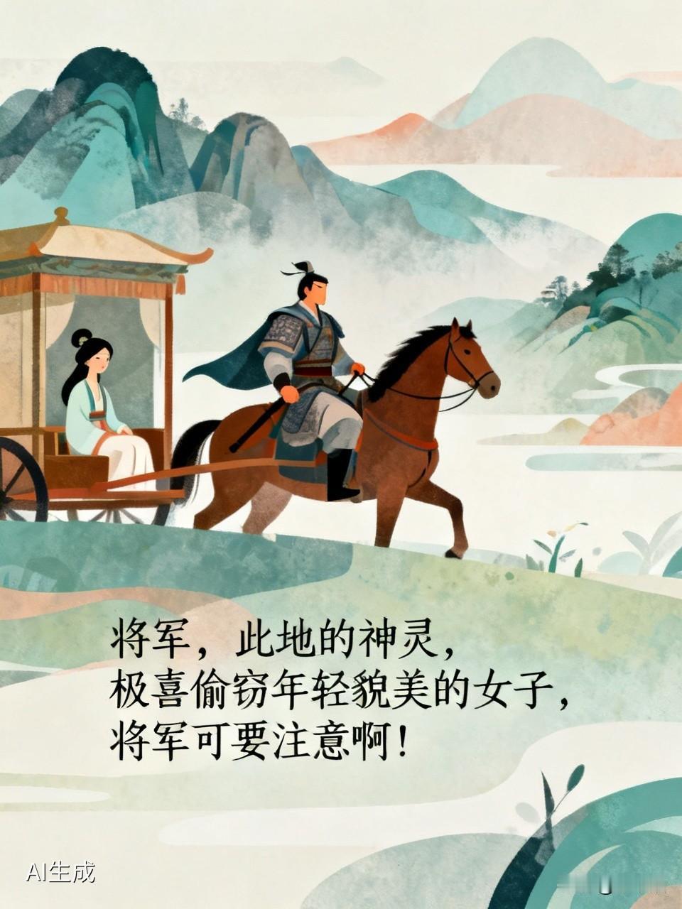 有一位将军，携妻出征广西，当地将领提醒道：“将军，此地的神灵，极喜偷窃年轻貌美的