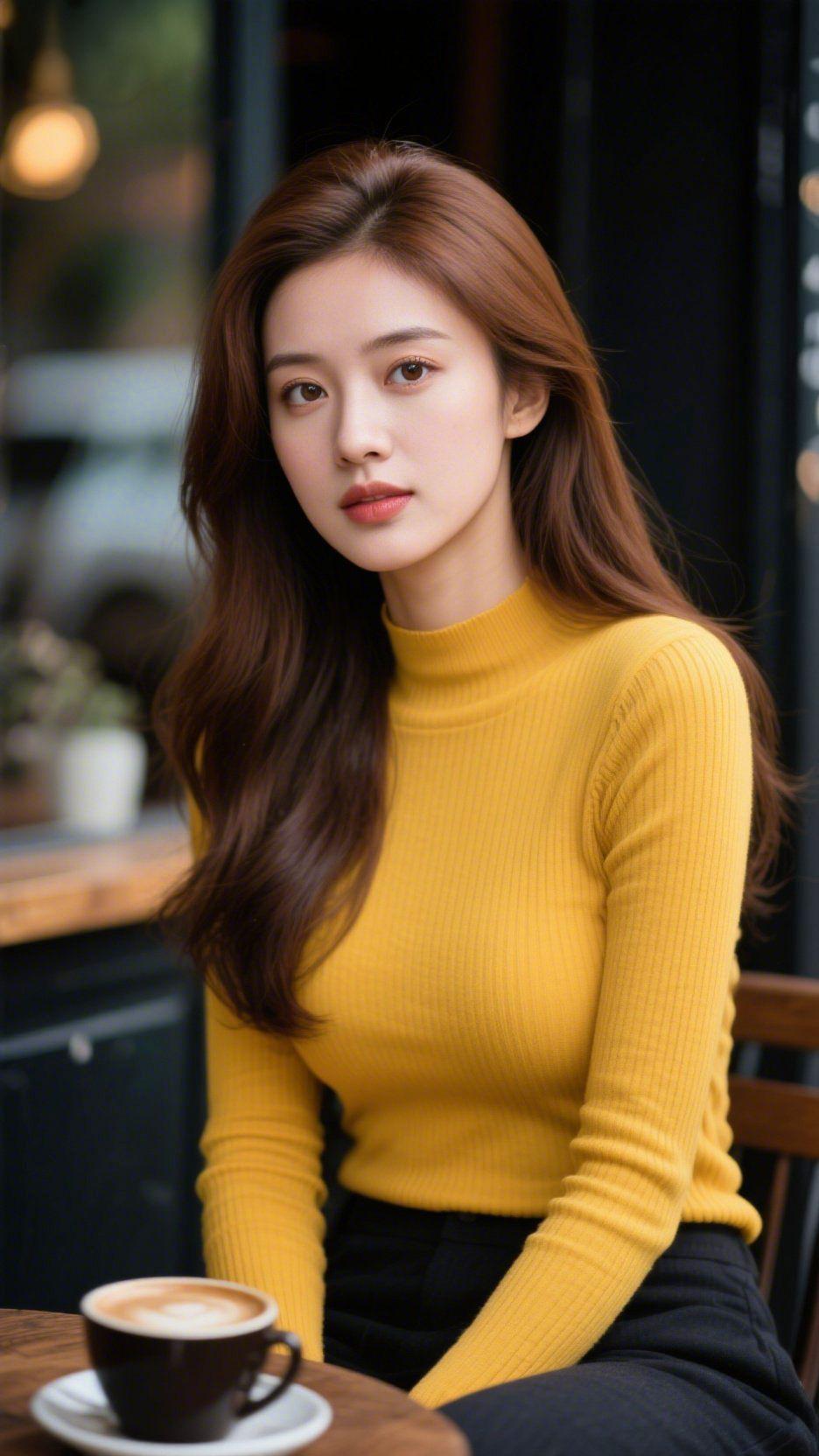 《暖黄裹午后轻柔》咖啡馆的暖光漫过木桌，她一身黄衫黑裤坐在窗边，像把秋阳的
