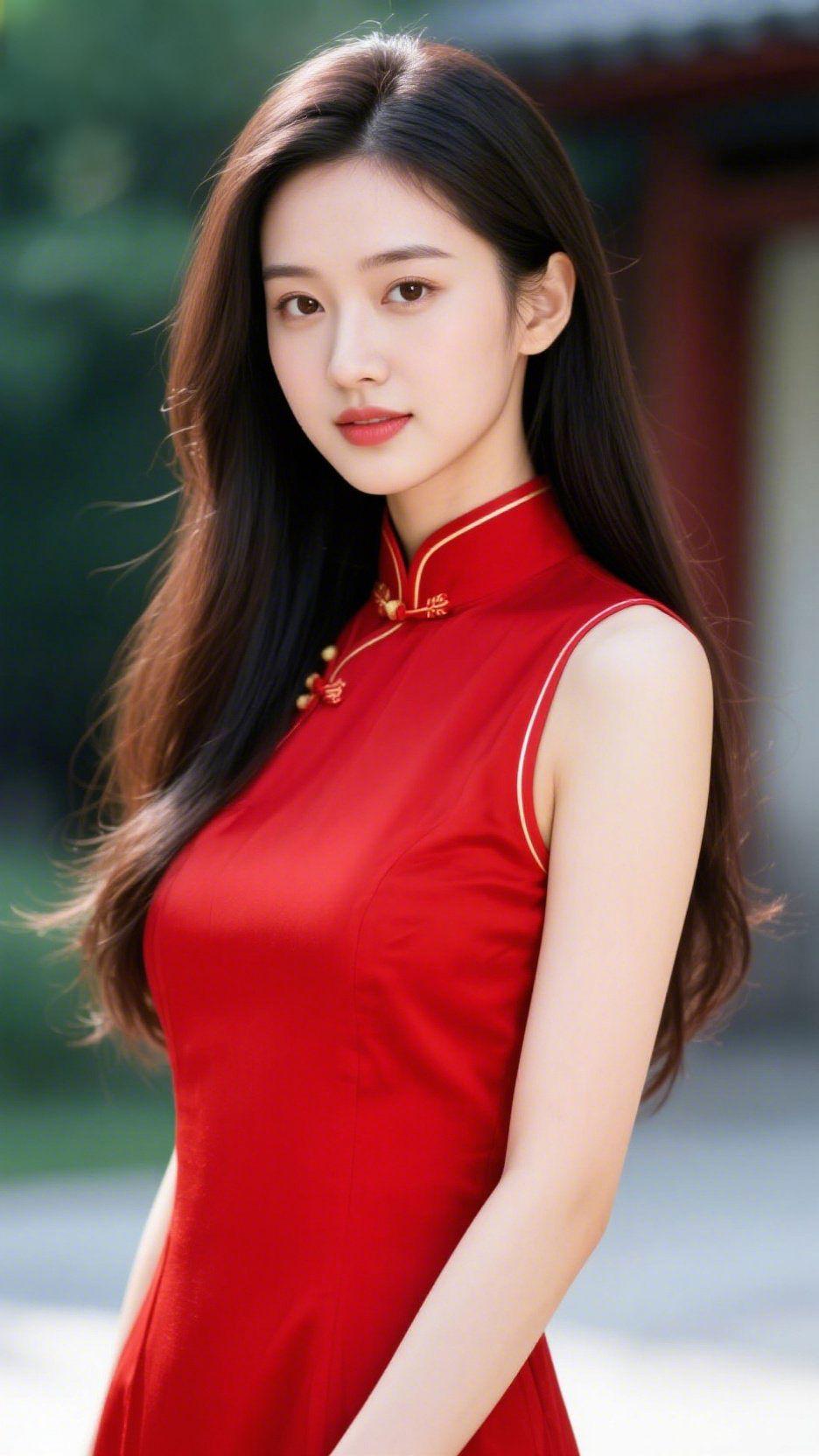 《红旗袍的风间温艳》风掠过檐角，裹着草木的气息落在她的红旗袍上——立领金边