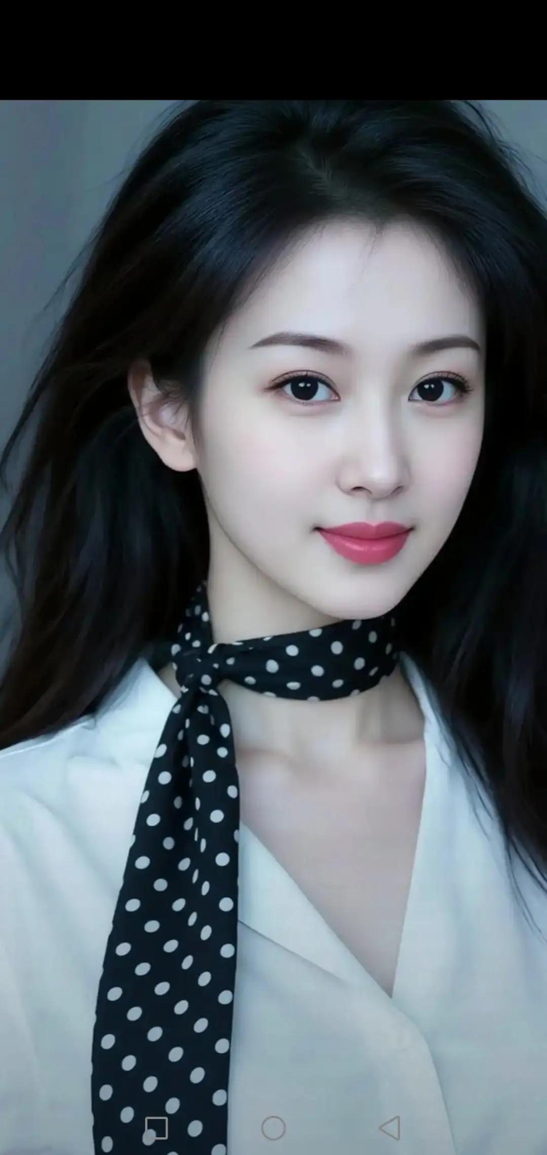 温柔甜美的黑发少女，白色衬衫搭配黑点丝巾，清新自然，散发着优雅的气息。💖🍎?