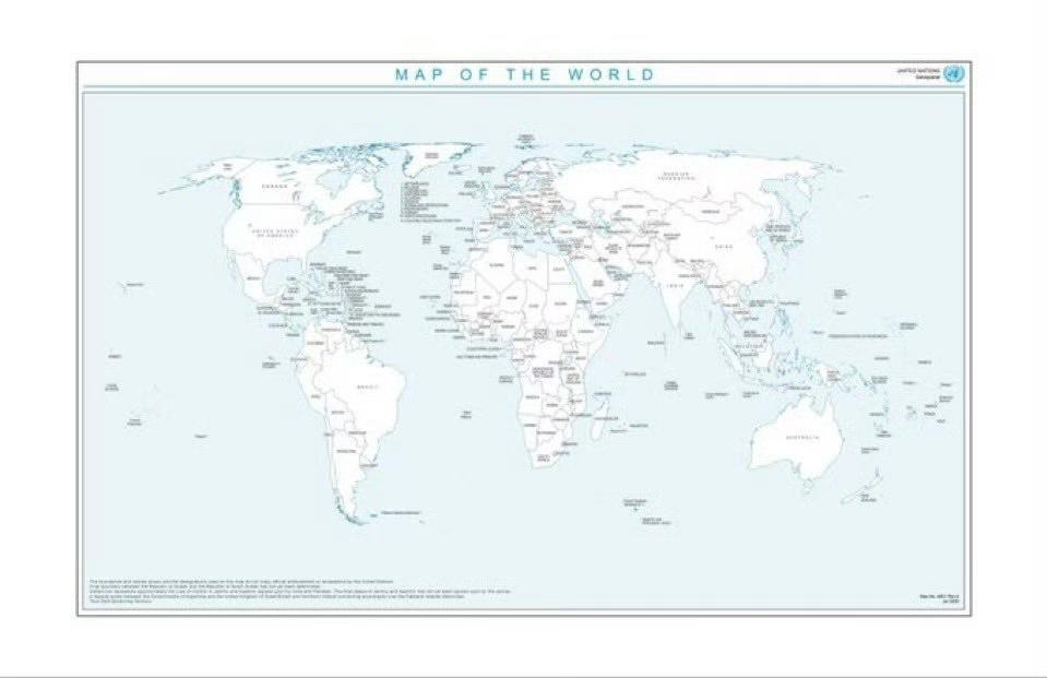 场景：联合国会议室换上新版“平等地球”地图，非洲、格陵兰、英国、美国、俄罗斯、