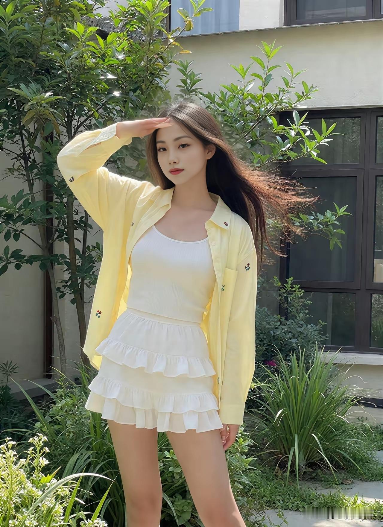 阳光明媚的午后，穿着黄色外套和白色短裙，在绿意盎然的小院里享受美好时光。