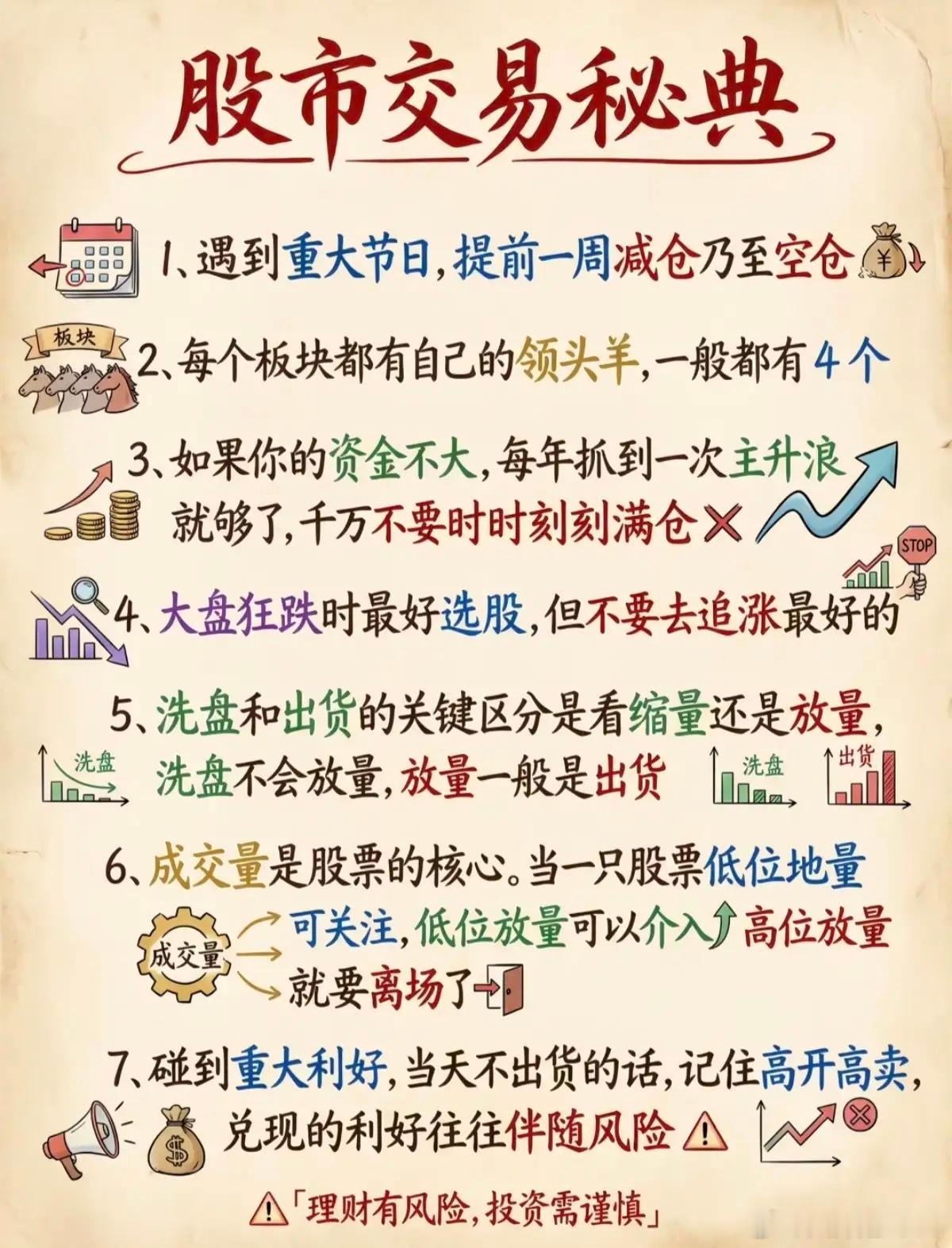 股市7条交易心法，看懂少亏几十万老股民珍藏的7条股市交易心法，句句实战干货。节日