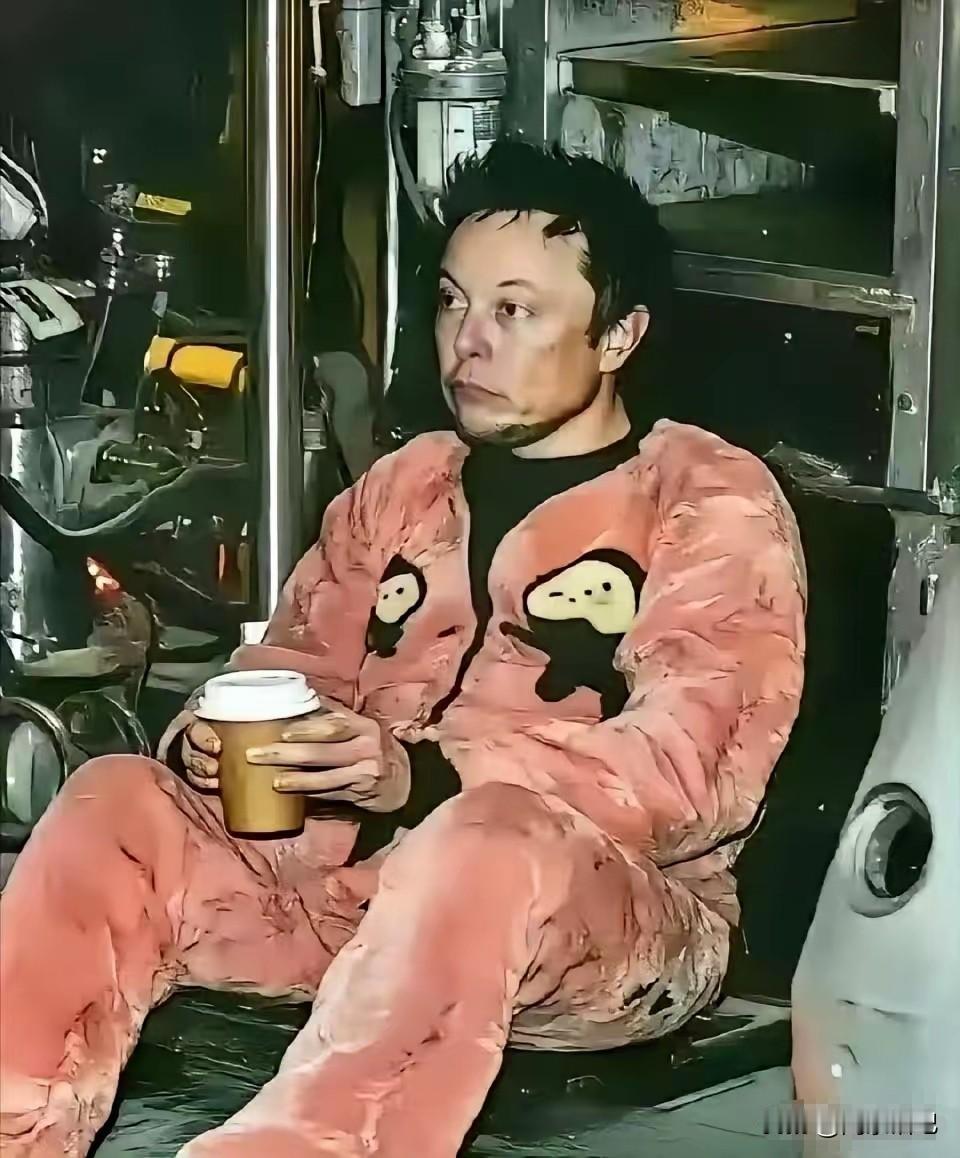 这张照片是马斯克早年在工厂车间的场景此时马斯克一身汗渍手捧一杯咖啡直接