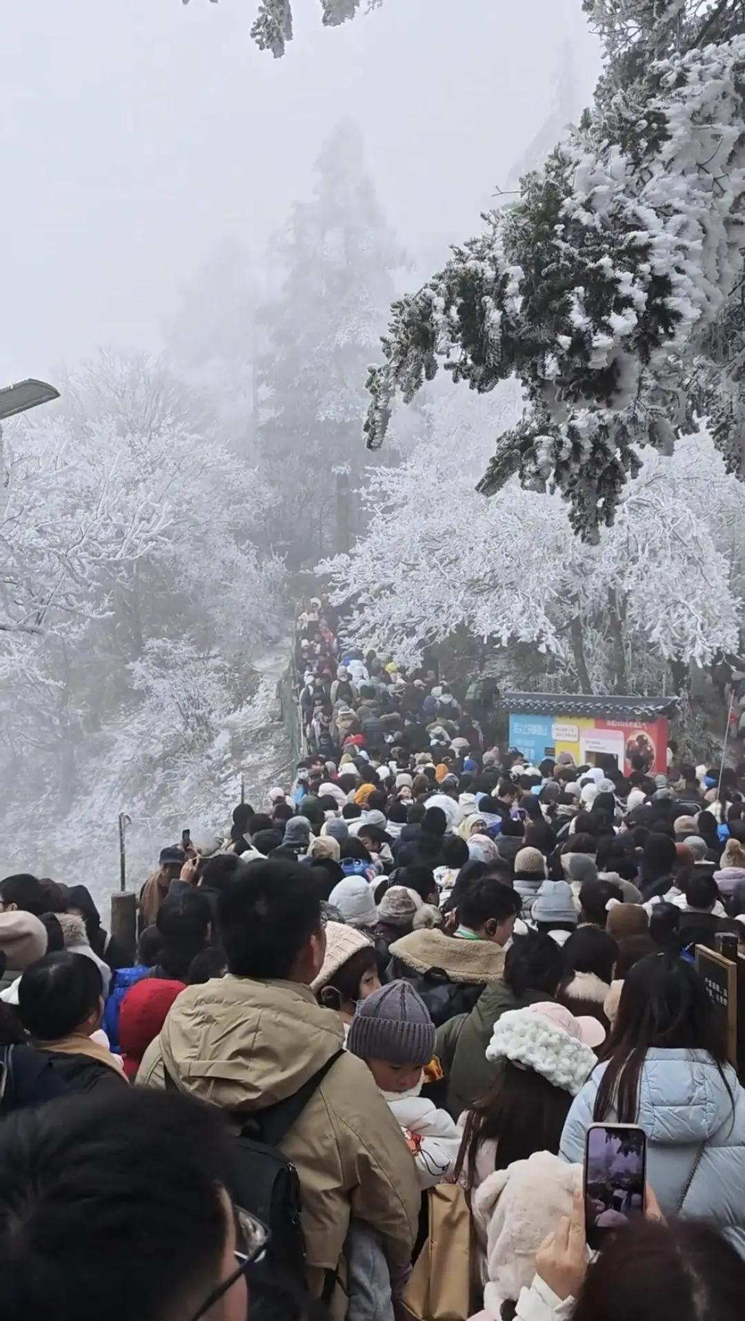 因为峨眉山的寺庙全部免费开放等原因，今年元旦峨眉山的游客特别多；加上山上下雪人们