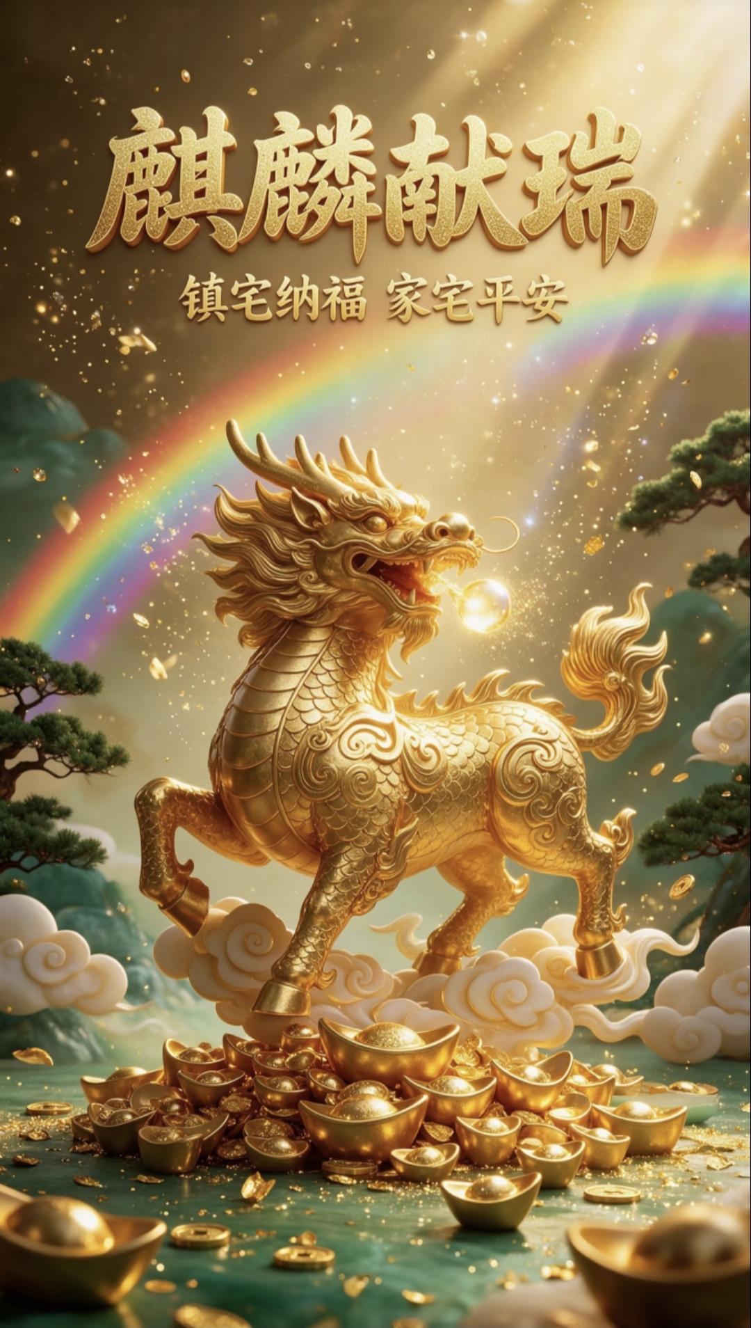 麒麟献瑞镇宅纳福，​貔貅纳财富贵盈门，​金麒麟踏云携宝而至，祥瑞满门，财运亨通