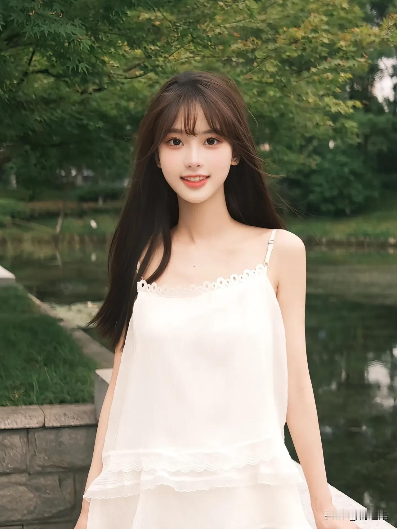 夏日清新少女，白色连衣裙，微笑面对镜头，背景是绿树和池塘。