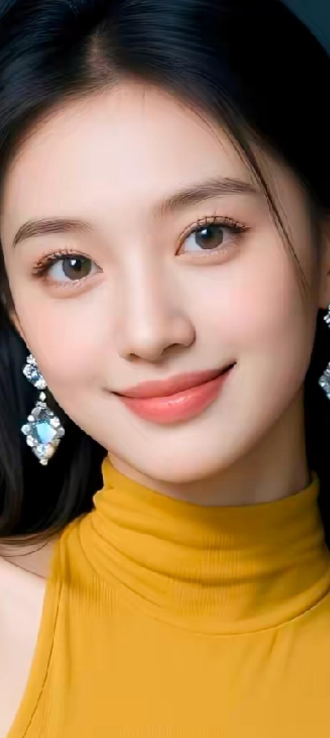 甜美笑容，优雅耳环，黄色高领衫，气质满分！💖✨