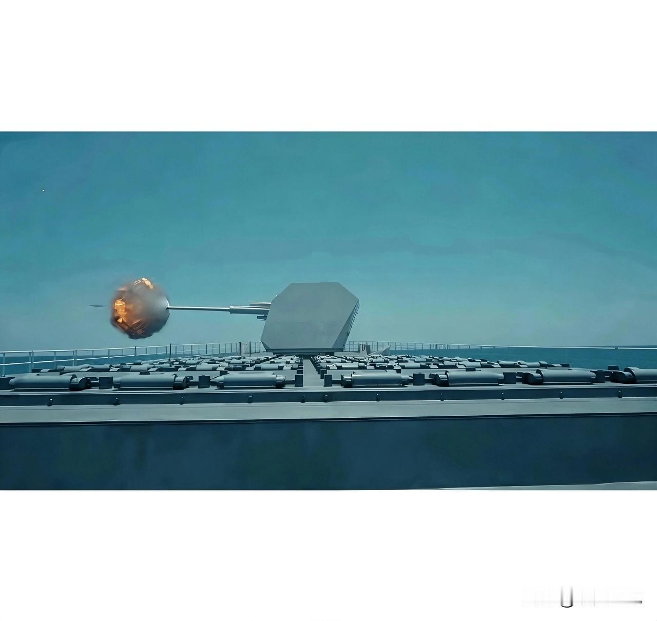 这是055型万吨大型驱逐舰上的H/PJ-45型130毫米舰炮发射瞬间。炮口烈焰一