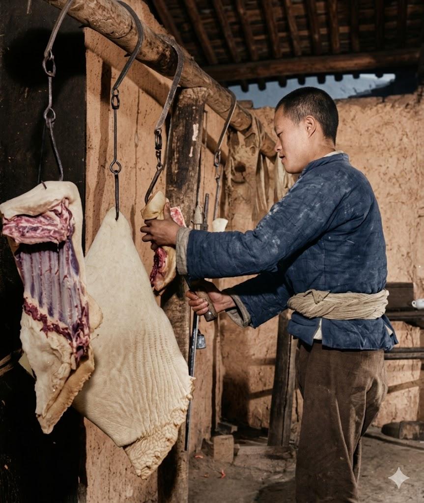 1947年，街头肉铺里，土墙木梁，铁钩上悬挂着大块带骨猪肉。年轻屠夫身着粗布短打