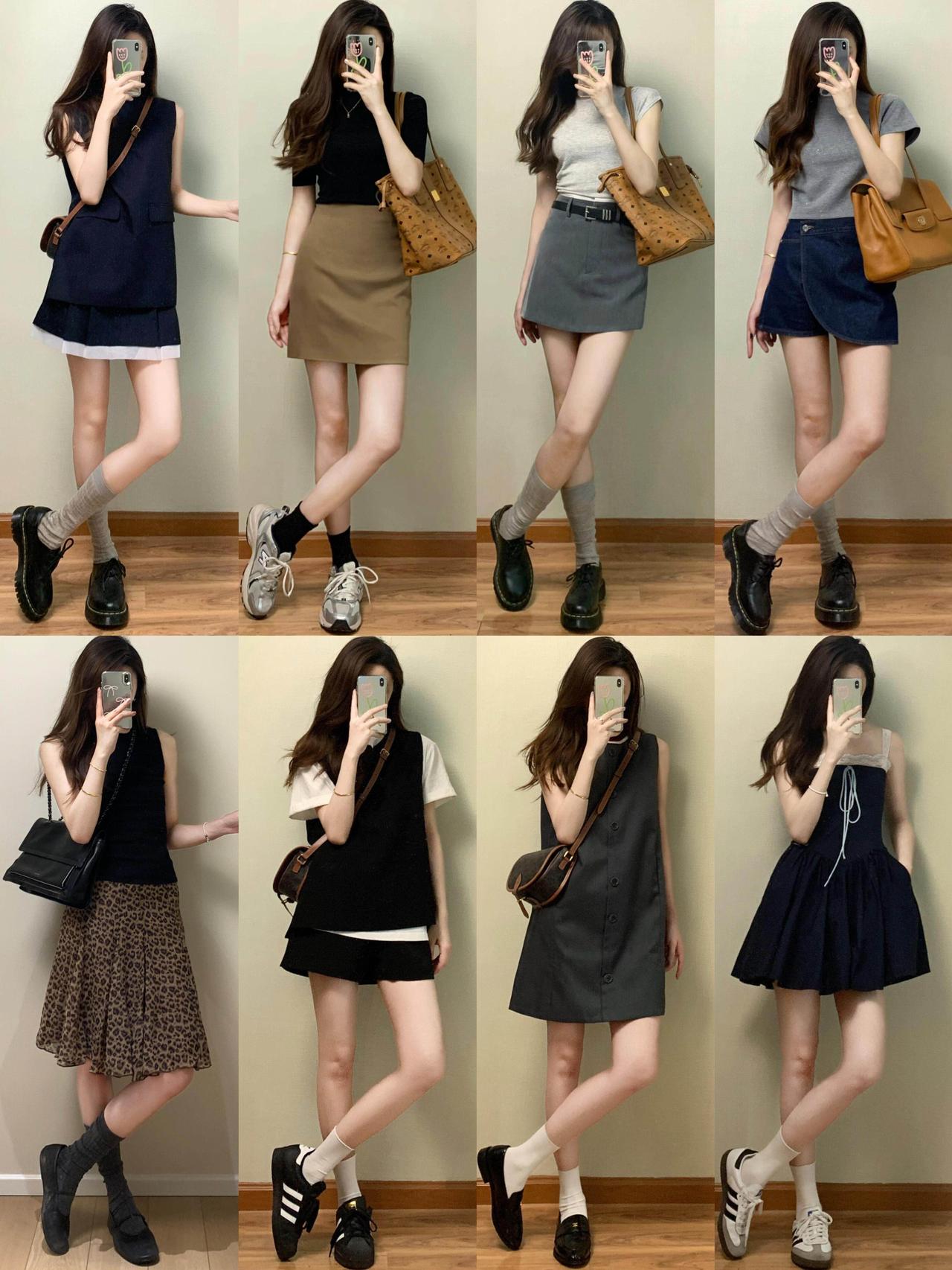 她就是小个子的教科书模板，穿搭超好看！每套都精准拿捏比例，短款上衣、高腰半裙和利