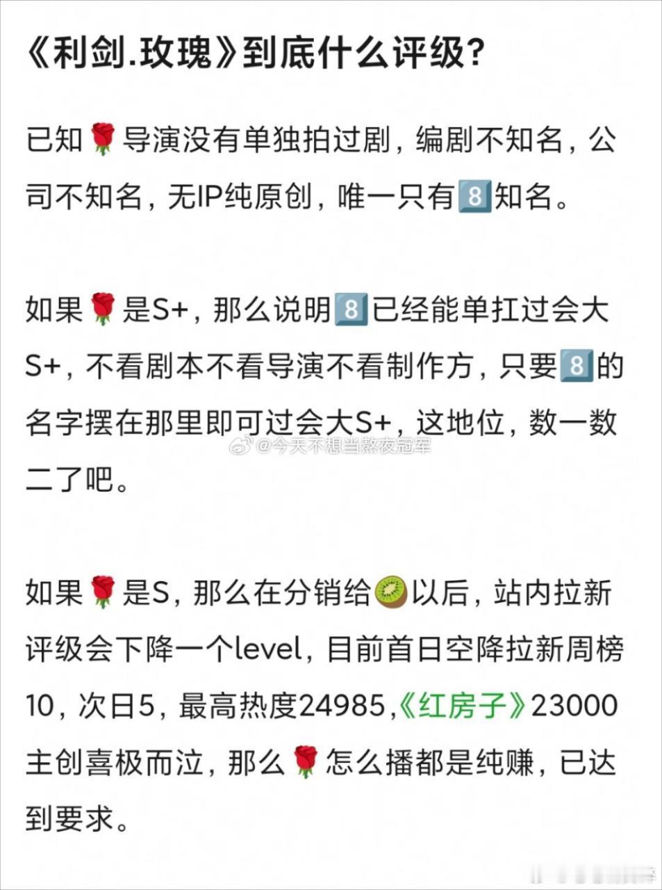 利剑玫瑰的播出目前的成绩已经超出了所有人的预料，粉丝尽力托举就行了，口碑已经好的