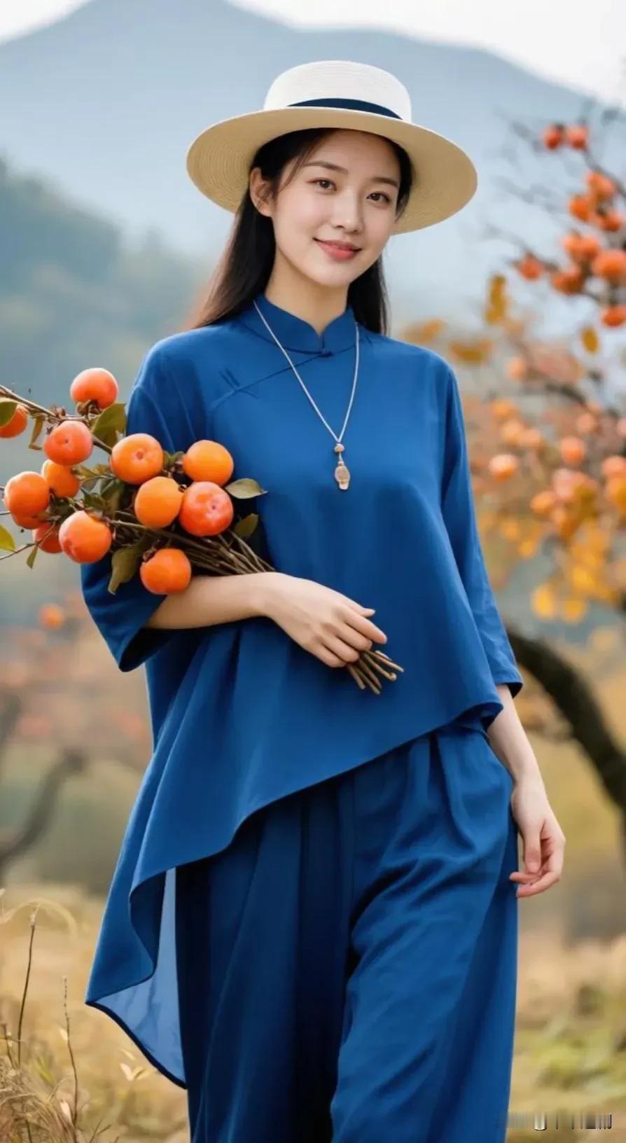 什么样的穿搭可以成为气质女神?秋山染了暖调，蓝衫裹着风，怀里的柿子坠得枝桠都甜